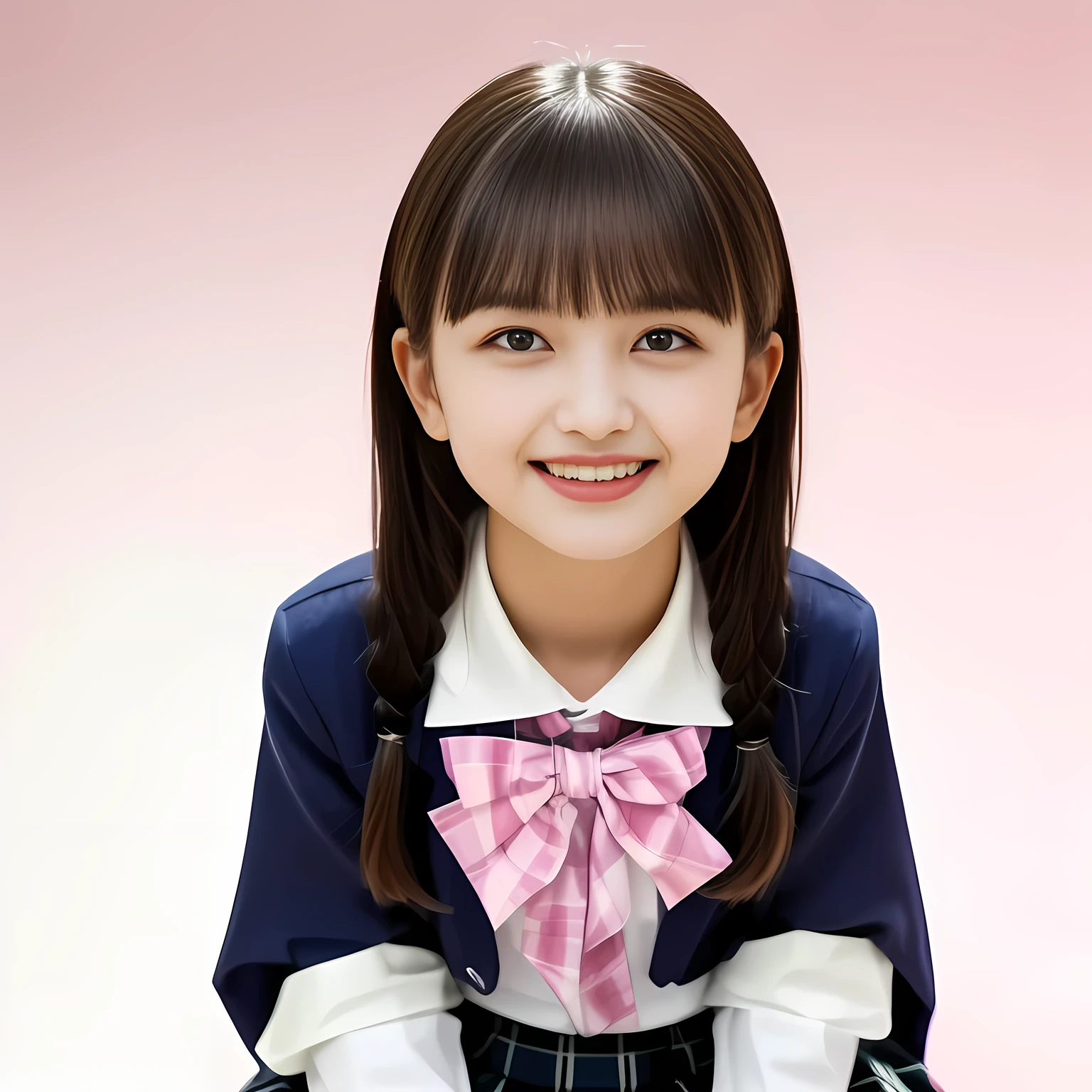 (Highest quality, masterpiece:1.2), Highest quality, High resolution, 1080P, 8k, height: 158cm, (Noble, Japanese **** truly-girly-girl is seated on a pink flat floor and smiling directly at me in school uniform, Looking up at me deeply, Hypnotizing me with her cuteness: 1.8), looking at the viewer, well-grown breast and nice style, (well arranged, balanced, neat glossy straight very long hair), (Half-closed, Looking up to me, Very sleepy, Double-deep-eyelids, completely balanced, brown large large dreaming Japanese **** eyes with detailed beautifully: 1.6), (Glossy lips: 1.8), (high nose: 1.2), (Rich and long bottom-eye-slashes), (Drives me crazy for her navy-colored neat tartan checkered blue skirts and make me fall into her navy-colored plaid-print pleats skirt: 1.4), (Fine white-face that looks like she has never been out of home: 1.6), (Navy colored school uniform blazer: 1.6), (Navy pleated plaid skirt: 1.5), (Plain-red school ribbon on the breast), (Complete plain pink background: 1.8), (Girl whom everyone loves because of her beauty and neat school fashion and noble manner and magic-charm of succubus: 1.7), full body shot, (jolly face expression), (evenly cut curled glossy rich beautiful bangs: 1.6), light hitting the white-face, (Very very large, dreamy, Adorable eyes, Looking deeply at me: 1.5)