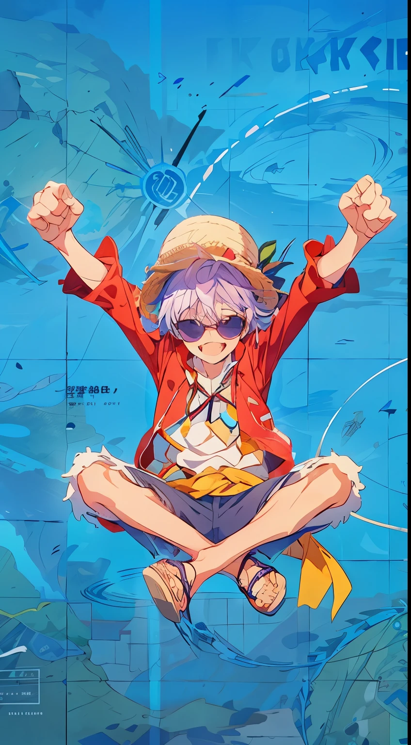 Anime illustration, straw hat, sunglasses, boy, fist pump, purple hair, all back, masterpiece, best quality, extremely detailed CG unity 8k wallpaper,