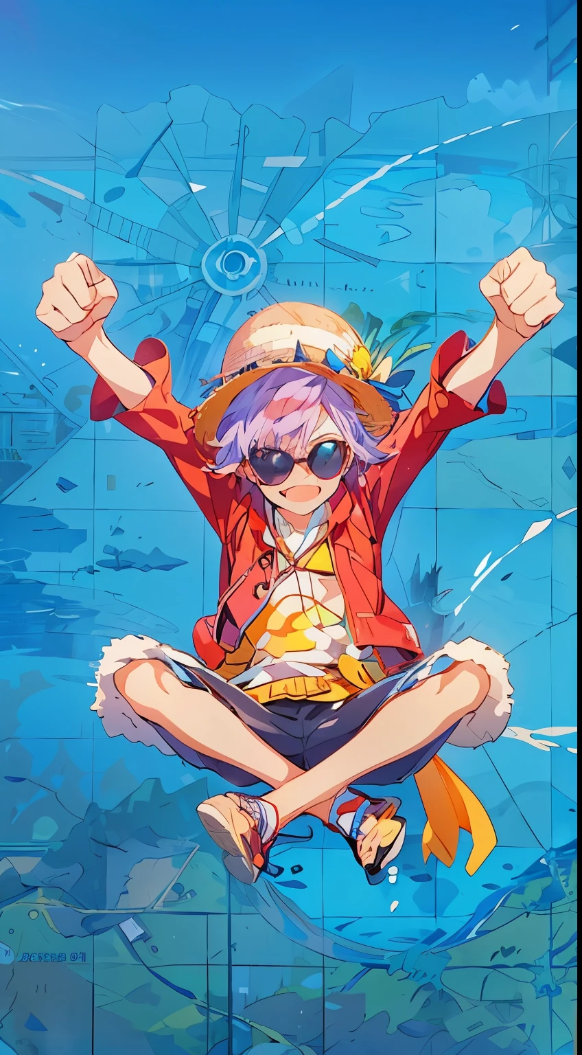 Anime illustration, straw hat, sunglasses, boy, fist pump, purple hair, all back, masterpiece, best quality, extremely detailed CG unity 8k wallpaper,