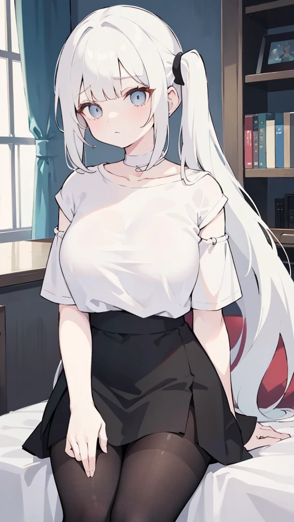 Masterpiece, very detailed, ultra detailed, one, (1 woman), she is in a black office shirt and white jeans, in a stable and fighting position, long hair, straight hair and straight bangs, bright white hair, with white demonic horns, athletic body, six packs of press, large breasts, beautiful, charming, light blue eyes, elegant, neutral face, charming, charming, against the background of nature and forest.