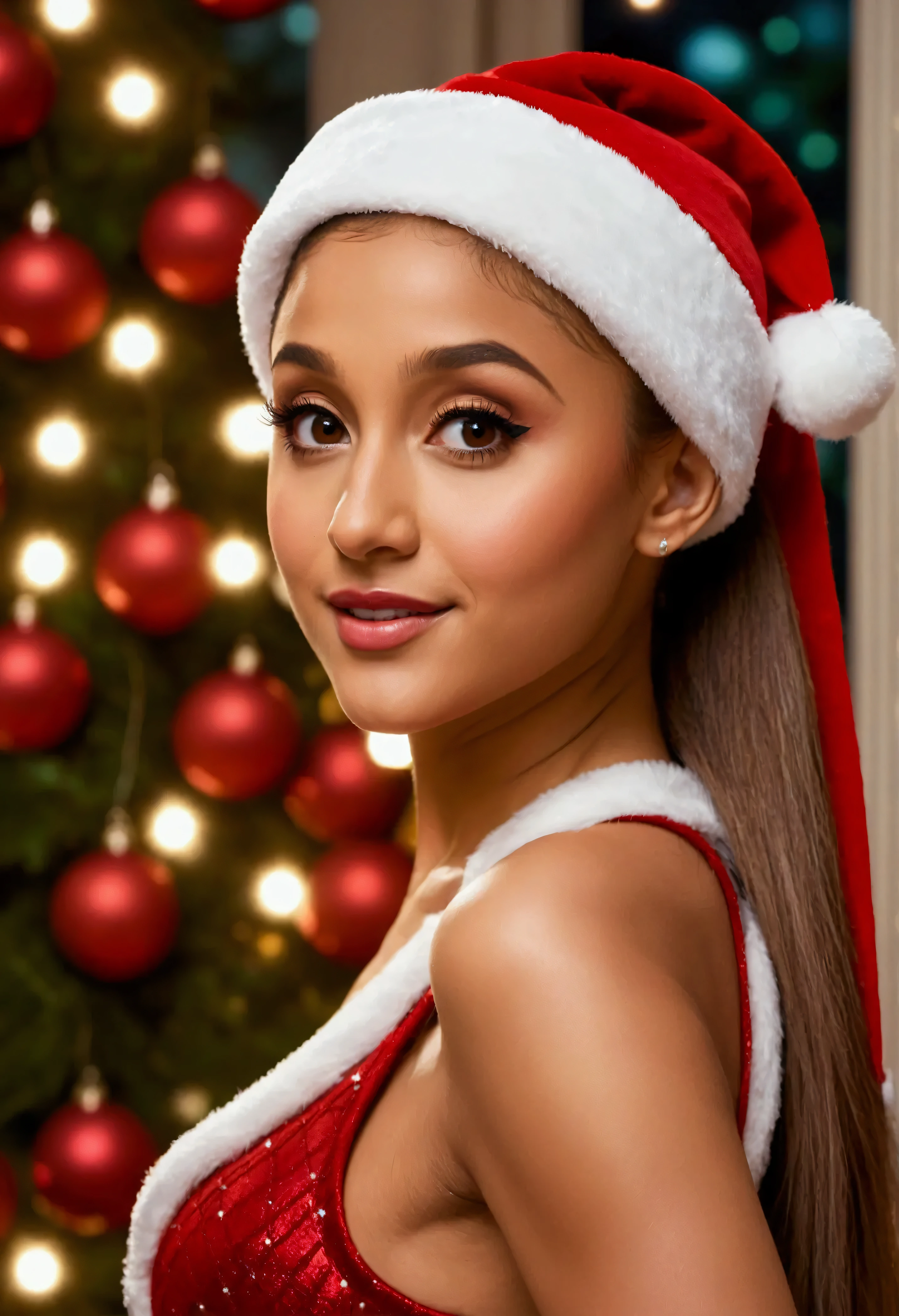 (photorealism:1.2), ultra high-definition, hyper-realistic close-up portrait of Ariana Grande, wearing a festive red Santa hat and a stylish red Christmas-themed outfit. Her signature high ponytail cascades down her back, and she has a soft, festive glow with subtle holiday makeup accentuating her features. In the background, warm Christmas lights and blurred ornaments create a cozy, magical holiday atmosphere. The red tones of her outfit and the holiday decorations contrast beautifully with her radiant skin, capturing her in striking detail, embodying the joy of Christmas.