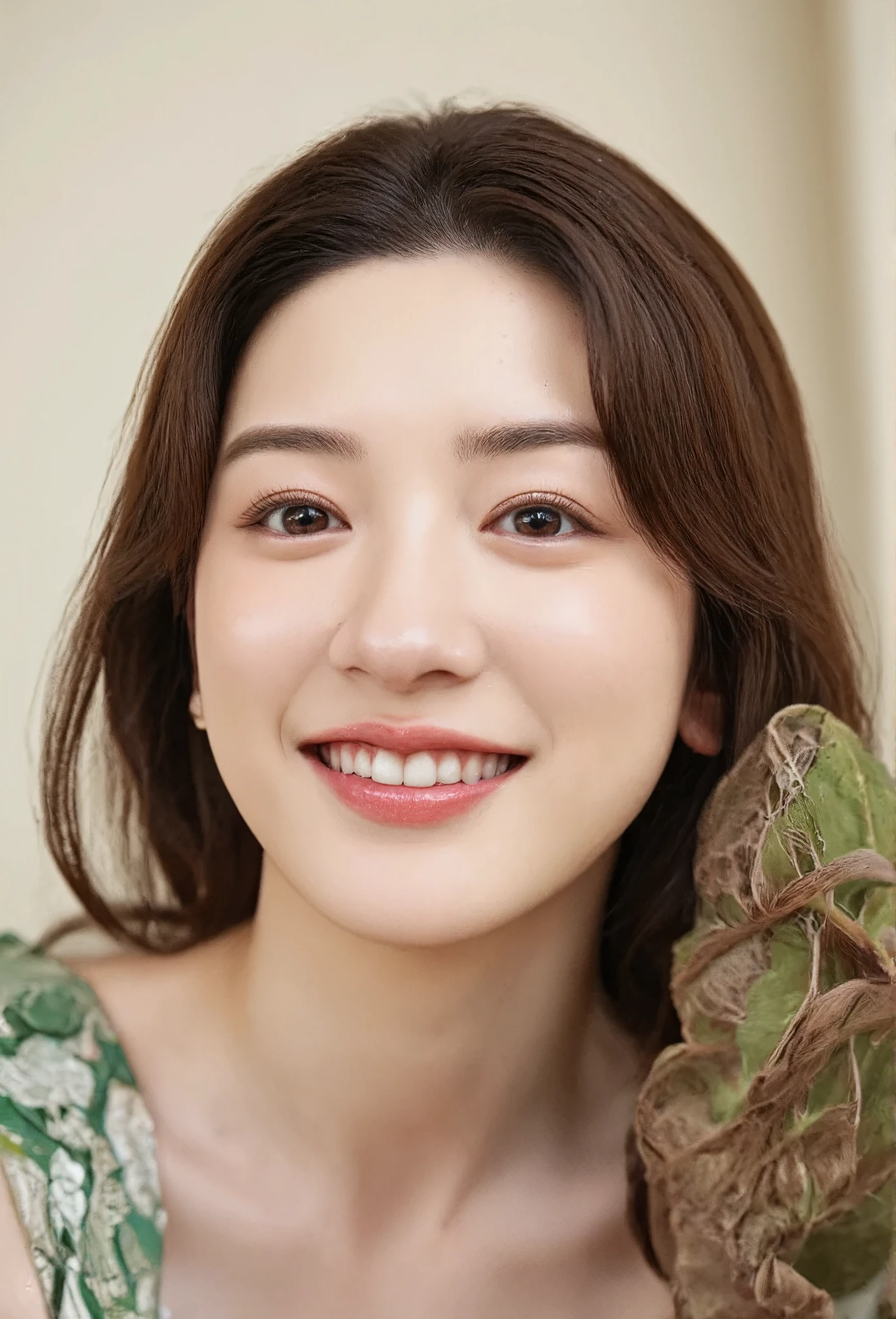 (Natural Light:1.4), (Emphasizes the three-dimensionality of the face:1.5), The light comes from the right、Casts a soft shadow on the cheeks (Shadow effect:1.3), The skin texture is smooth、The details of the nose and cheeks are depicted realistically. (Skin Detail:1.4), eyes are shining、瞳にNatural Lightが反射 (Eye Reflexes:1.4), Hair flows naturally in the light、The background is a soft, blurred green (Background blur:1.3), 8k resolution、Ultra high definition、Sharp focus