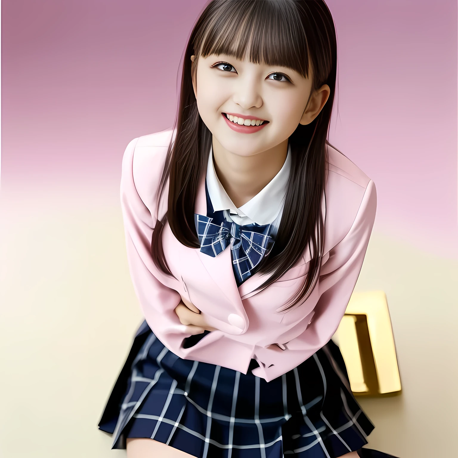 (Highest quality, masterpiece:1.2), Highest quality, High resolution, 1080P, 8k, height: 158cm, (Noble, Japanese 13yo truly-girly-girl is seated on a pink flat floor and smiling directly at me in school uniform, Looking up at me deeply, Hypnotizing me with her cuteness: 1.8), looking at the viewer, well-grown breast and nice style, (well arranged, balanced, neat glossy straight very long hair), (Half-closed, Looking up to me, Very sleepy, Double-deep-eyelids, completely balanced, brown large large dreaming Japanese 12yo eyes with detailed beautifully: 1.6), (Glossy lips: 1.8), (high nose: 1.2), (Rich and long bottom-eye-slashes), (Drives me crazy for her navy-colored neat tartan checkered blue skirts and make me fall into her navy-colored plaid-print pleats skirt: 1.4), (Fine white-face that looks like she has never been out of home: 1.6), (Navy colored school uniform blazer: 1.6), (Navy pleated plaid skirt: 1.5), (Plain-red school ribbon on the breast), (Complete plain pink background: 1.8), (Girl whom everyone loves because of her beauty and neat school fashion and noble manner and magic-charm of succubus: 1.7), full body shot, (jolly face expression), (evenly cut curled glossy rich beautiful bangs: 1.6), light hitting the white-face, (Very very large, dreamy, Adorable eyes, Looking deeply at me: 1.5)