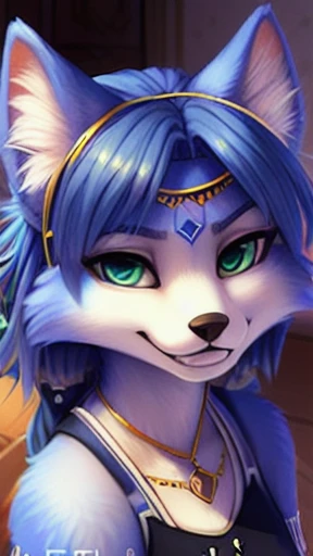 A beautiful and detailed (sweet portrait) from ((Krystal)), Star Fox Krystal, slim, lovable, green eyes, medium breasts, (((Long blue hair 1.3))),  ((black hair tips)), Decollete, Grin, look up,, anthro, Fuzzy, Uploaded E621, detailed fluffy fur, (from Fluff-Kevlar, Bayard Wu, Personalami, Pino Daeni), detailed face, (fluffy), 1 girl, Alone, wears a uniform  , is located in a school