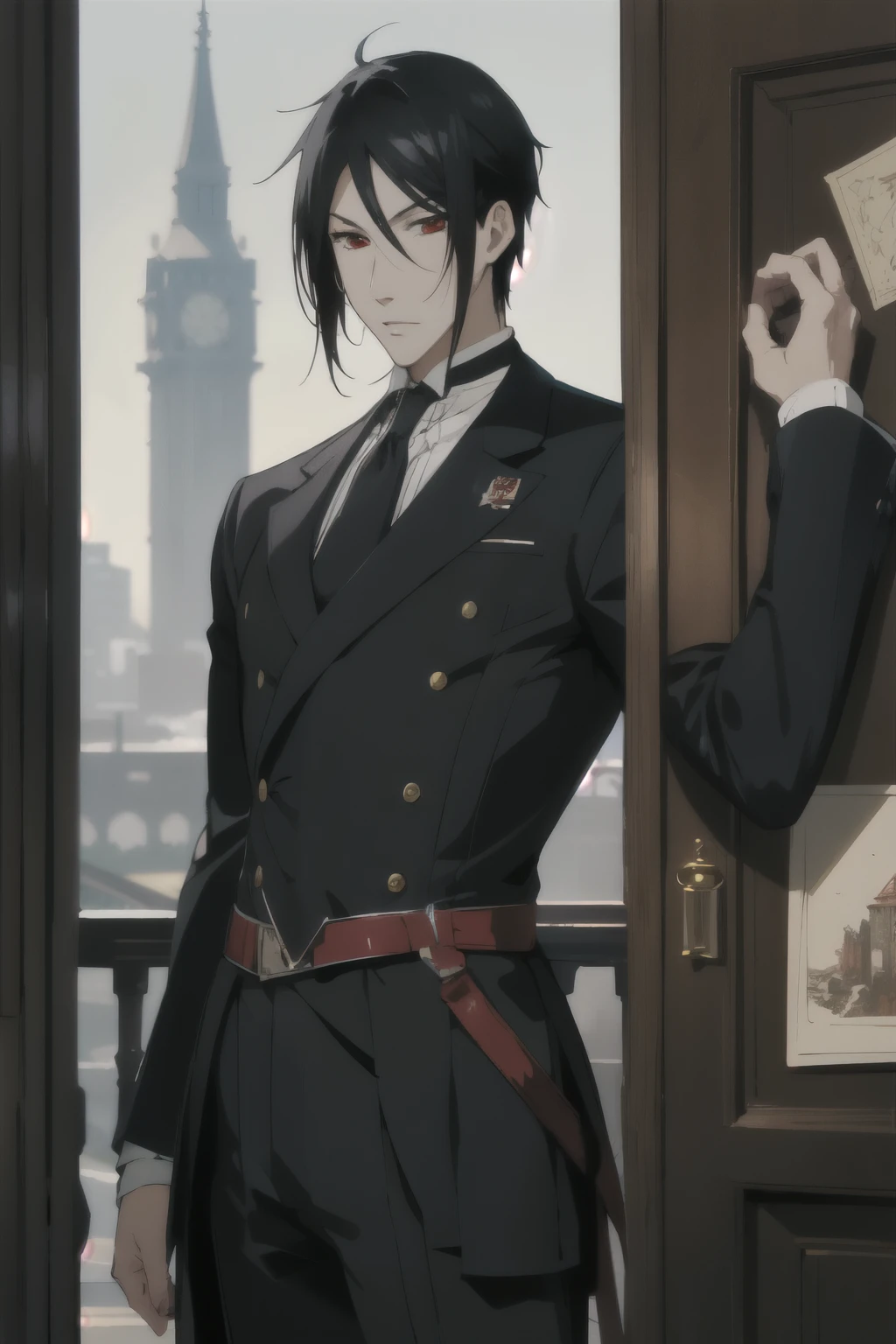 masterpiece, best quality, illustration, 1boy, solo, male focus, looking at viewer, , depth of field, anime coloring, , sebastian_michaelis, black hair, red eyes, french costume, tower, HD-DVD