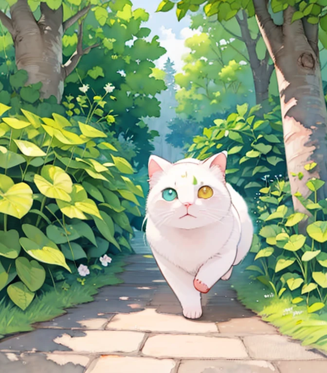 (masterpiece),(Best Quality),(Very detailed),(High resolution),((Line art)),((watercolor)),16k,wallpaper,三毛猫のVery detailedな絵、Insane Details、Very detailed猫、My house where a white cat roams、A white munchkin cat running on the promenade、Old townscape of Japan、A path lined with plants、Sunlight filtering through the trees、Another World、The creation of silence、Long hit、The target is small、Cunning gestures，