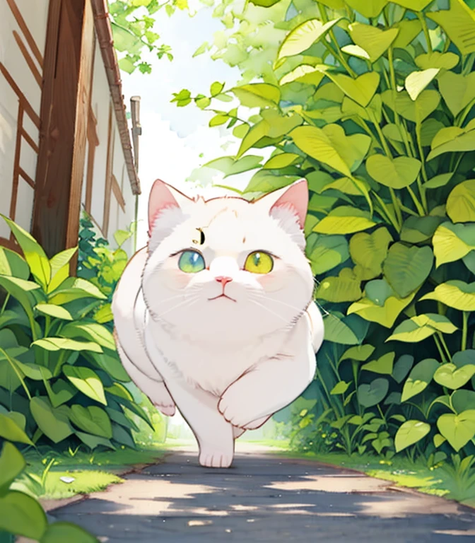 (masterpiece),(Best Quality),(Very detailed),(High resolution),((Line art)),((watercolor)),16k,wallpaper,三毛猫のVery detailedな絵、Insane Details、Very detailed猫、My house where a white cat roams、A white munchkin cat running on the promenade、Old townscape of Japan、A path lined with plants、Sunlight filtering through the trees、Another World、The creation of silence、Long hit、The target is small、Cunning gestures，