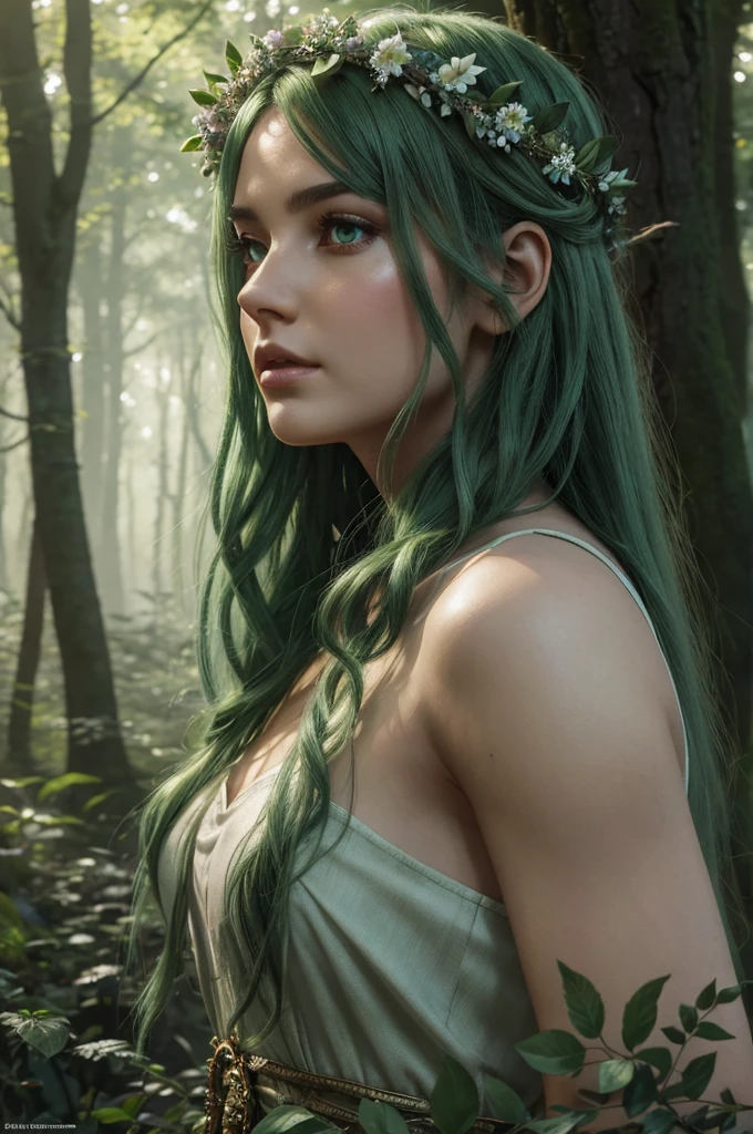 a blue-haired woman, green eyes, no clothes, fine features, natural beauty, walking in the forest, sunlight, realistic, cinema quality, high resolution, vibrant colors