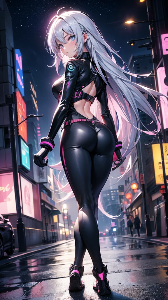 portrait, 1 girl, beautiful face, asymmetrical hair, multi-colored hair, belt, zipped , grey eyes, hip vent, cute, neon night city, neon,  walking away from the camera, her back slightly turned with a graceful stride. Her arms should be relaxed at her sides or gently swinging, creating a sense of effortless movement.