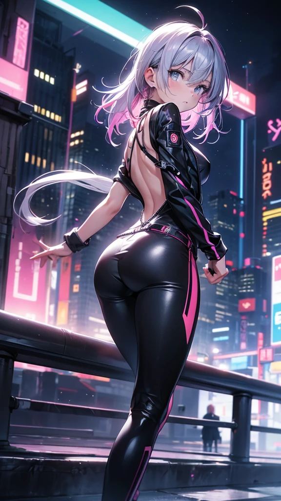 sexy anime 1girl, glowing skin, beautiful background, beautiful sky, aesthetic, vanilla, night, neon city, synth-wave, big , big ass view
