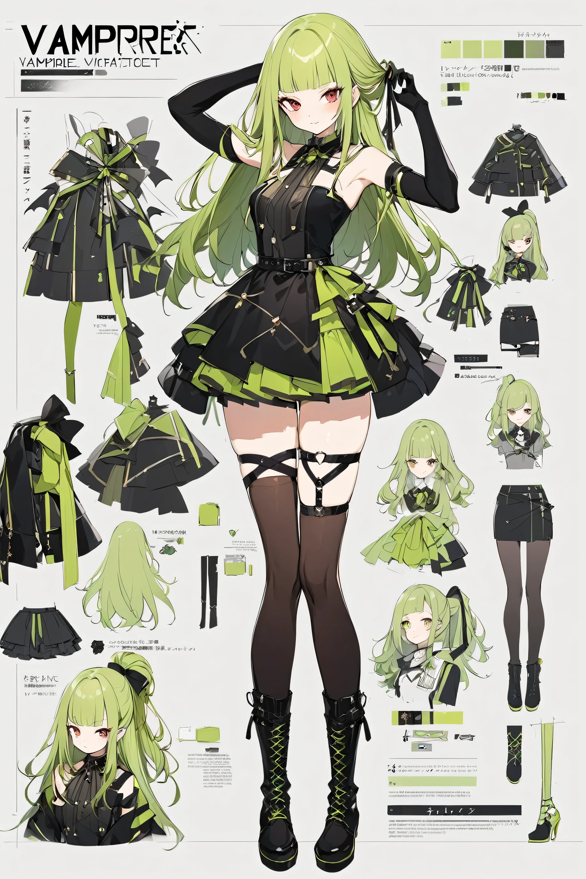 アイドル、iDOL、red eyes、Tying up hair、wearing black long boots、Virtual Character Design,light orange green Hair、blunt bangs、Straight Hair、Concept character sheet, face, Modern design, 1 female,Sexy concept, vampire,