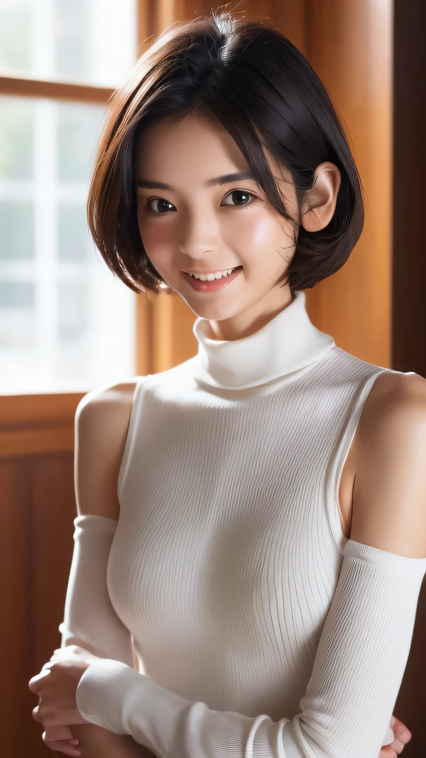 (((skinny、Facial wrinkles、Sagging))),((Large wrinkles around the eyes)),((Large wrinkles around the mouth)),Deep nasolabial folds,The 50-year-old body、最high quality,8k,Vibrant,Sharp focus,high quality,High resolution,Middle-aged female flat chest (whole body),((Very slim and delicate body)),((Flat Chest、Burned Skin、))turtleneck、knit、necklace、Bobcut,A kind smile,((Small breasts)),Stand up straight、