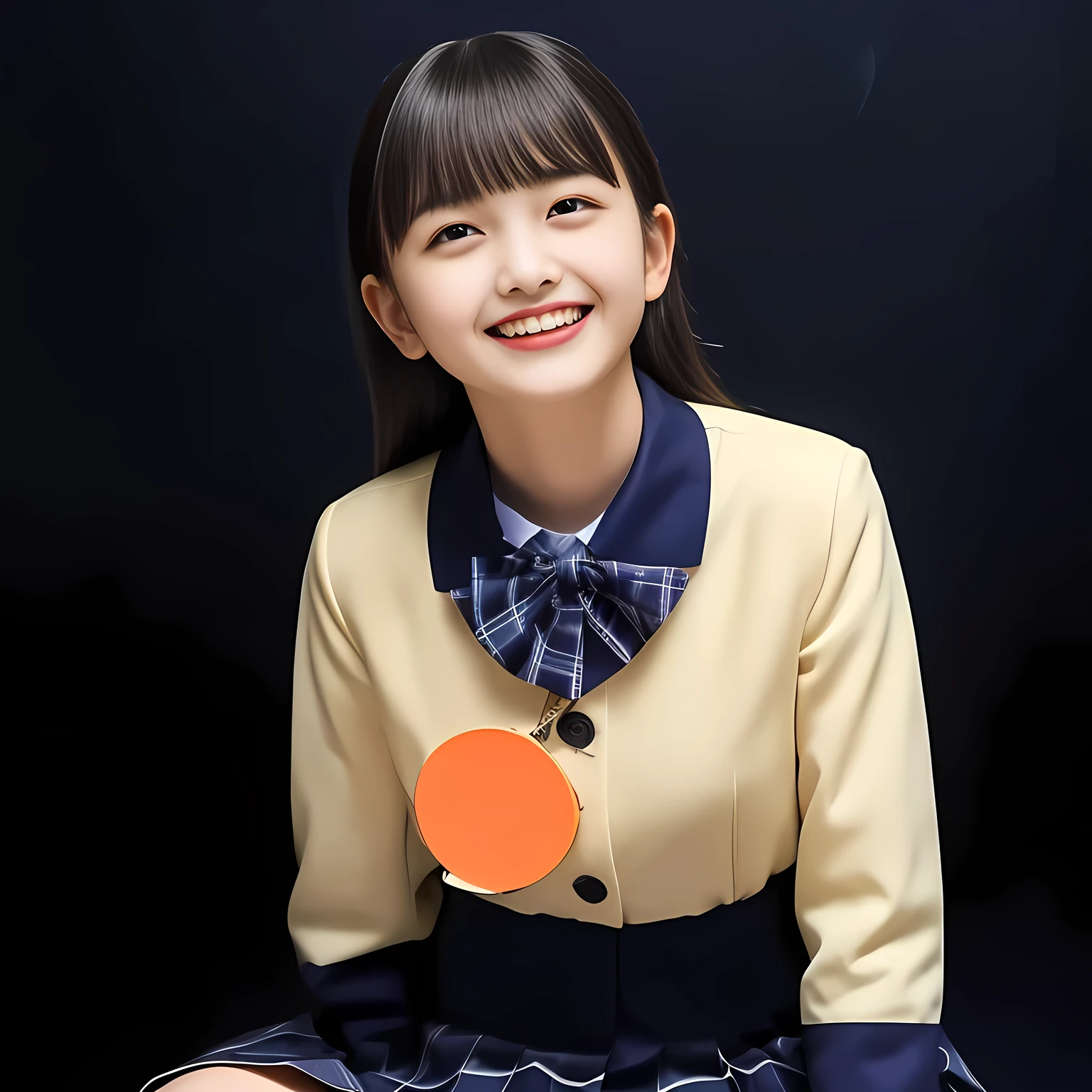 (Highest quality, masterpiece:1.2), Highest quality, High resolution, 1080P, 8k, height: 158cm, (Noble, Japanese **** truly-girly-girl is seated on a blue flat floor and smiling directly at me in school uniform, Looking up at me deeply, Hypnotizing me with her cuteness: 1.8), looking at the viewer, well-grown breast and nice style, (well arranged, balanced, neat glossy straight very long hair), (Half-closed, Looking up to me, Very sleepy, Double-deep-eyelids, completely balanced, brown large large dreaming Japanese **** eyes with detailed beautifully: 1.6), (Glossy lips: 1.8), (high nose: 1.2), (Rich and long bottom-eye-slashes), (Drives me crazy for her navy-colored neat tartan checkered blue skirts and make me fall into her navy-colored plaid-print pleats skirt: 1.4), (Fine white-face that looks like she has never been out of home: 1.6), (Navy colored school uniform blazer: 1.6), (Navy pleated plaid skirt: 1.5), (Plain-red school ribbon on the breast), (Complete plain dark-dark-blue background: 1.8), (Girl whom everyone loves because of her beauty and neat school fashion and noble manner and magic-charm of succubus: 1.7), full body shot, (jolly face expression), (evenly cut curled glossy rich beautiful bangs: 1.6), light hitting the white-face, (Very very large, dreamy, Adorable eyes, Looking deeply at me: 1.5)