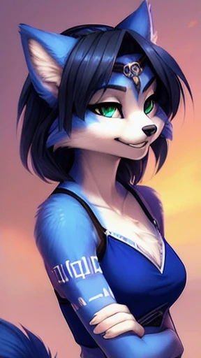 A beautiful and detailed (sweet portrait) from ((Krystal)), Star Fox Krystal, slim, lovable, green eyes, medium breasts, (((Long blue hair 1.3))),  ((black hair tips)), Decollete, Grin, look up,, anthro, Fuzzy, Uploaded E621, detailed fluffy fur, (from Fluff-Kevlar, Bayard Wu, Personalami, Pino Daeni), detailed face, (fluffy), 1 girl, Alone, 