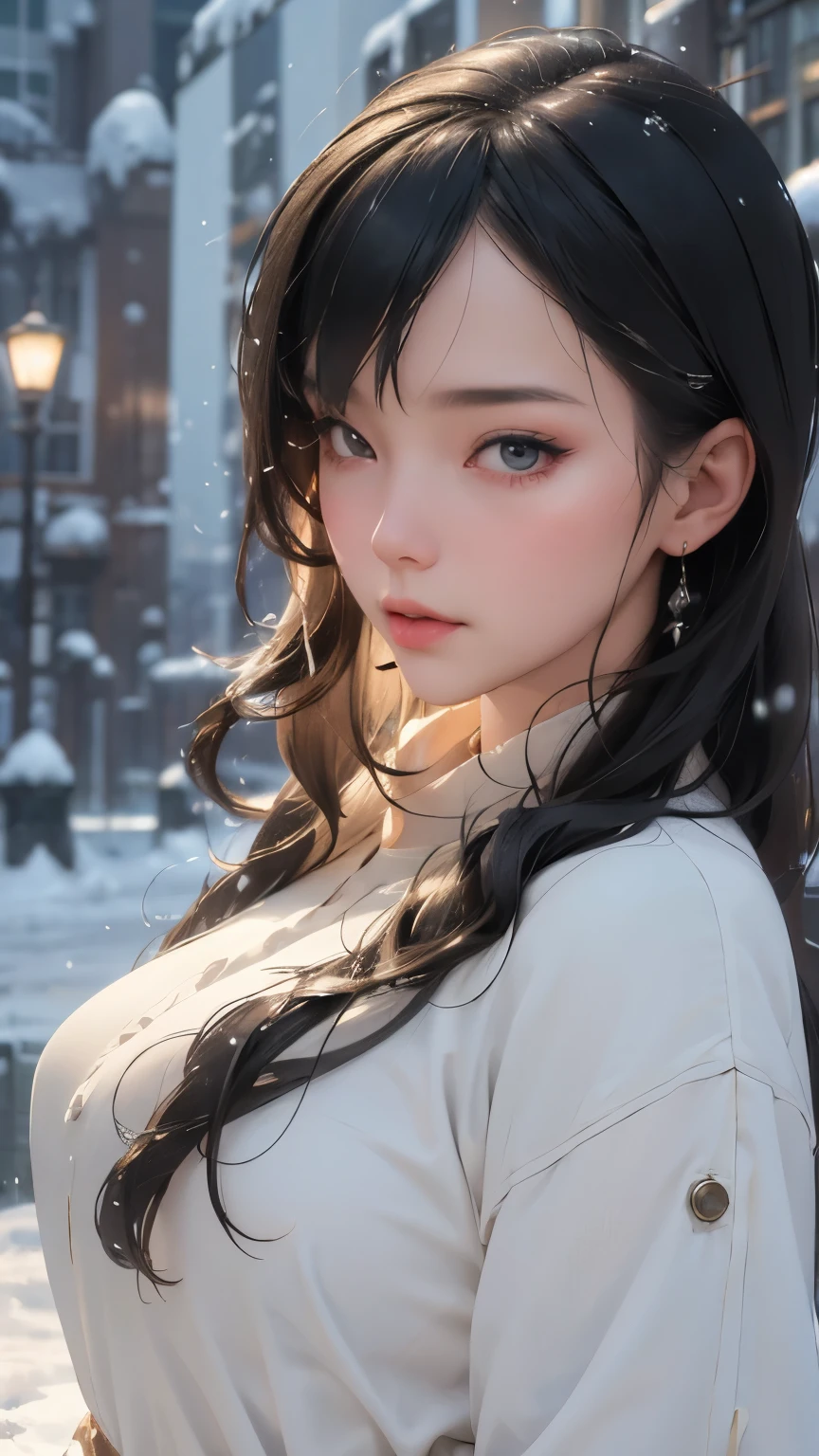 Beautiful sensuality of an adult woman against the backdrop of heavy snowfall, human-like and friendly movements, childish but high-sense fashion, 16k, masterpiece, RAW photo, highest quality, ultra-high resolution, realistic, high definition integrated into 16k, stylish and edgy, detailed depiction, delicate depiction, diverse lighting, contrast