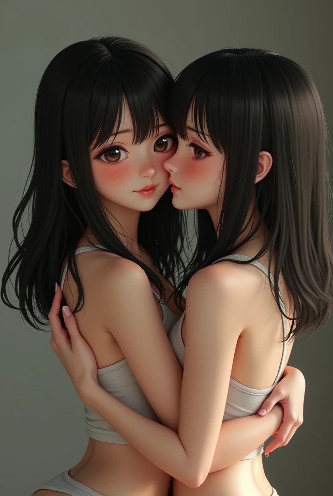 ((​masterpiece、Hugging each other naked、Hugging face to face naked、30-years old、Hugging each other's cheeks、Two beautiful girls、Detailed eye、Shorthair with bangs、shorth hair、neck long、Put your ears out))、big eye、Distinct double eyelids、((top-quality, 超A high resolution、stares at the camera、Light brown eyes、Clean collarbone、glowy skin、Straighten your back、The face of the golden ratio、a small face)), (Realisticity: 1.4), OriginalPhotographs, 2girls,cinematlic lighting、japanes、Asian Beauty、Korea person、Super beauty、Realistic skin type、(((clean very large breasts、A slender、long neck、The body is facing forward、lipgloss、Highlights in the eyes、thin lips、smiling slightly、Closing mouth and smiling happily)))、(A hyper-realistic)、(hight resolution)、(8K picture quality)、(ighly detailed)、(Best Illustration)、(beautifully detailed eyes)、(ultra-detailliert)、A detailed face、looking at viewert、Facing straight ahead、neat and clean clothes、sleeve less、short-hair、Black-haired、46-point diagonal bangs、Background is really nothing but pure white background、neat atmosphere、(Upper body naked:1.3、The lower part of the body is bare:1.3、I'm not wearing anything:1.2、Nothing attached:1.8、Supermodel with rather long legs:1.4、Highlights in the eyes:1.4、30-years old、spotless、cute little、The face of the golden ratio:1.2)、Look firmly at the camera:1.4、Stretch your perfect hand to the camera:1.8、Short bob cut with clean bangs:1.3、A dark-haired:1.4、the neck is long:1.5、neck long、Put your ears out:1.4、Clean collarbone、pretty skin、Perfect body、Perfect fingers:1.3、perfect arms、perfect hand、Smaller face、Distinct double eyelids、A detailed eye、Clean belly button、big breasts thin waist、Open your crotch:1.6、Look firmly at the camera、(Immaculate white background with nothing really、Immaculate white background with nothing really:1.4)、Perfect Anatomy、very large breast:1.5、very large neat chest、Colossal tits:1.8、Very big big:2.0、big areolae:2.0、adult appeal、closes mouth:1.3、smil:1.3、Smiling happily:1.3、shyly smile