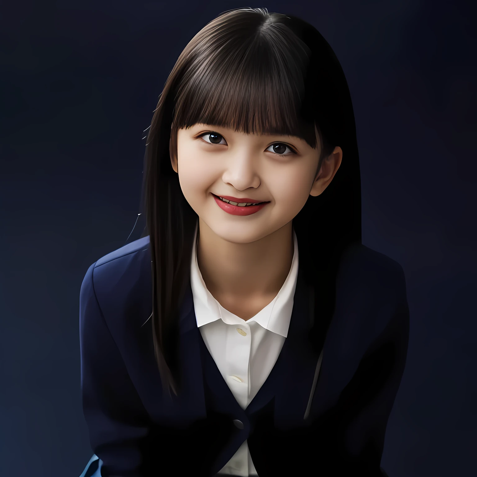 (Highest quality, masterpiece:1.2), Highest quality, High resolution, 1080P, 8k, height: 158cm, (Noble, Japanese **** truly-girly-girl is seated on a blue flat floor and smiling directly at me in school uniform, Looking up at me deeply, Hypnotizing me with her cuteness: 1.8), looking at the viewer, well-grown breast and nice style, (well arranged, balanced, neat glossy straight very long hair), (Half-closed, Looking up to me, Very sleepy, Double-deep-eyelids, completely balanced, brown large large dreaming Japanese **** eyes with detailed beautifully: 1.6), (Glossy lips: 1.8), (high nose: 1.2), (Rich and long bottom-eye-slashes), (Drives me crazy for her navy-colored neat tartan checkered blue skirts and make me fall into her navy-colored plaid-print pleats skirt: 1.4), (Fine white-face that looks like she has never been out of home: 1.6), (Navy colored school uniform blazer: 1.6), (Navy pleated plaid skirt: 1.5), (Plain-red school ribbon on the breast), (Complete hypnotizing dark-blue background: 1.8), (Girl whom everyone loves because of her beauty and neat school fashion and noble manner and magic-charm of succubus: 1.7), full body shot, (jolly face expression), (evenly cut curled glossy rich beautiful bangs: 1.6), light hitting the white-face, (Very very large, dreamy, Adorable eyes, Looking deeply at me: 1.5)