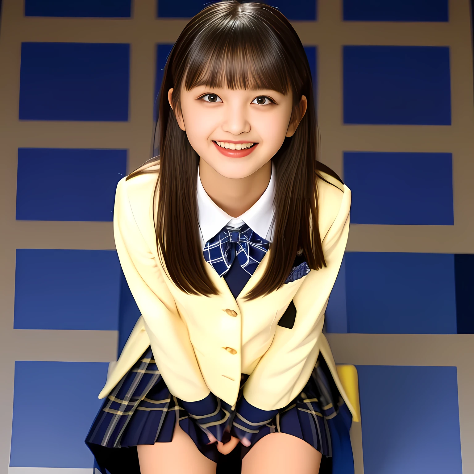 (Highest quality, masterpiece:1.2), Highest quality, High resolution, 1080P, 8k, height: 158cm, (Noble, Japanese yo truly-girly-girl is seated on a blue flat floor and smiling directly at me in school uniform, Looking up at me deeply, Hypnotizing me with her cuteness: 1.8), looking at the viewer, well-grown breast and nice style, (well arranged, balanced, neat glossy straight very long hair), (Half-closed, Looking up to me, Very sleepy, Double-deep-eyelids, completely balanced, brown large large dreaming Japanese 12 eyes with detailed beautifully: 1.6), (Glossy lips: 1.8), (high nose: 1.2), (Rich and long bottom-eye-slashes), (Drives me crazy for her navy-colored neat tartan checkered blue skirts and make me fall into her navy-colored plaid-print pleats skirt: 1.4), (Fine white-face that looks like she has never been out of home: 1.6), (Navy colored school uniform blazer: 1.6), (Navy pleated plaid skirt: 1.5), (Plain-red school ribbon on the breast), (Complete hypnotizing dark-blue background: 1.8), (Girl whom everyone loves because of her beauty and neat school fashion and noble manner and magic-charm of succubus: 1.7), full body shot, (jolly face expression), (evenly cut curled glossy rich beautiful bangs: 1.6), (bright light hitting her white-face and skirt clearly beautifully), (Very very large, dreamy, Adorable eyes, Looking deeply at me: 1.5)