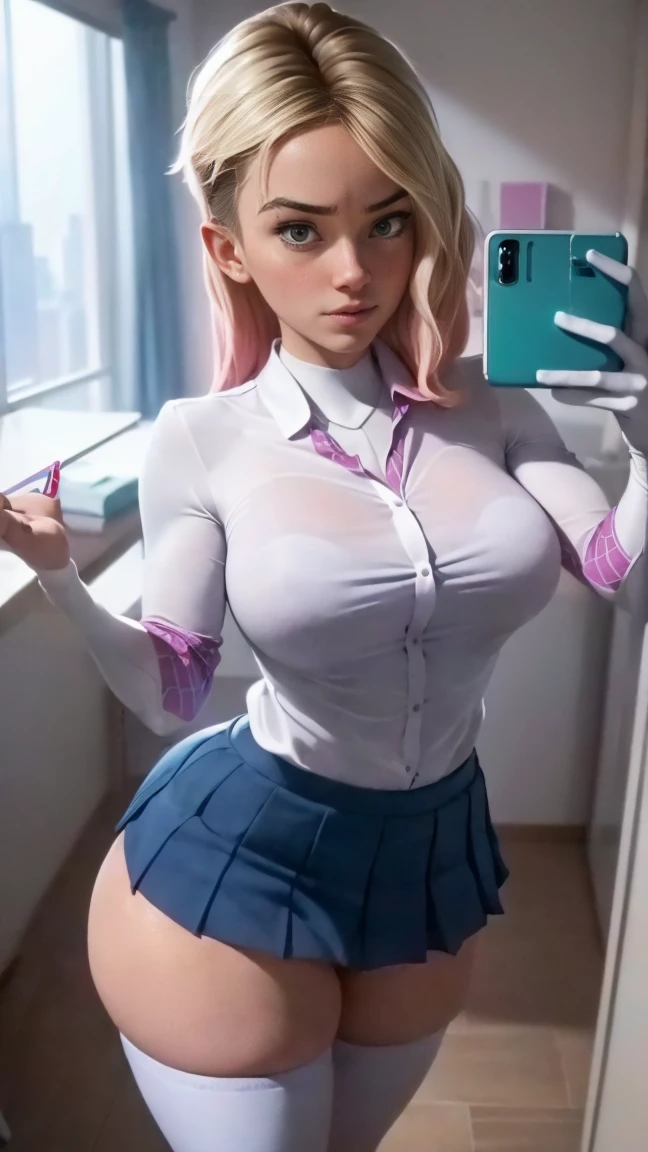 gwen stacy, very beautiful, blue eyes, very giant breasts, shaped legs, very large buttocks, short wavy blonde hair ((He is in his room taking a selfie)) ((dressed in a school uniform, white button-down shirt, short tie, wide, short, very tiny, wide, colorful, very sexy and sensual microskirt and white sneakers with very long stockings up to the thighs)), posing very sexy and sensual, Very nice room with a large window, good lighting, 4k resolution (( Extremely very giant breasts and extremely very giant legs))