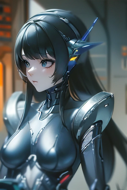 (masterpiece),(Best quality),(Very detailed),(Best illustration),(The best shadow),(It's absurd),(Detailed background),(So beautiful), 16k, 8k, 4K,(The best shadow),Robotization,female ,big breasts,Robot Joint ,Metal skin,Black robot suit,Long hair,Black suit covering the entire body Robot hand,Cyber Bodysuit,Mecha Head,Robotization, Transform into a robot,(Hands and fingers are depicted in detail:1.2),Perfect anatomy,Cybernetic Girl,Sci-Fi Armor,cyborg girl,The wires are connected to the back of the main unit...,No exposed skin,(A face carved like a robot),A neck made of wire,USB port next to the neck,visor,chrome skin