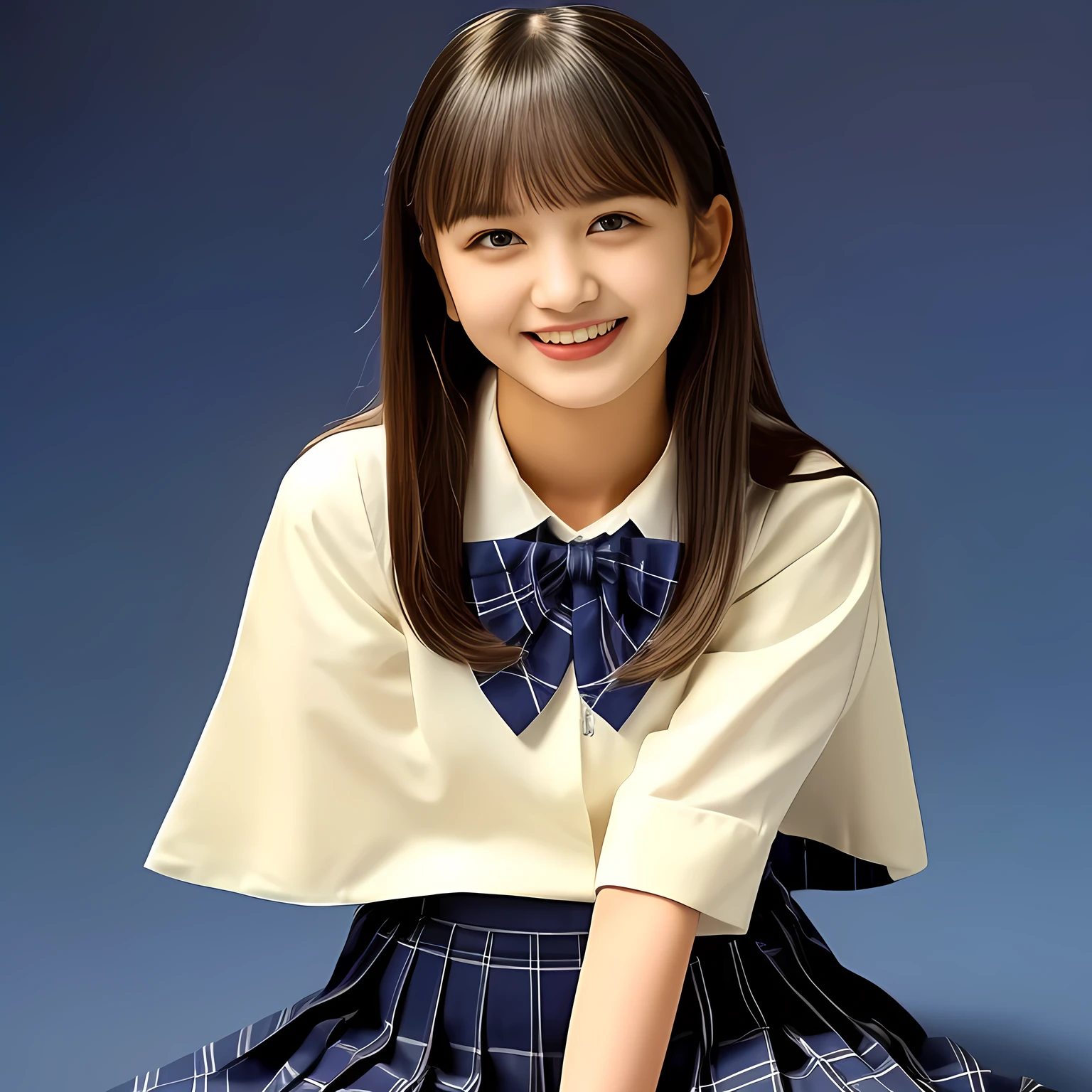 (Highest quality, masterpiece:1.2), Highest quality, High resolution, 1080P, 8k, height: 158cm, (Noble, Japanese **** truly-girly-girl is seated on a blue flat floor and smiling directly at me in school uniform, Looking up at me deeply, Hypnotizing me with her cuteness: 1.8), looking at the viewer, well-grown breast and nice style, (well arranged, balanced, neat glossy straight very long hair), (Half-closed, Looking up to me, Very sleepy, Double-deep-eyelids, completely balanced, brown large large dreaming Japanese **** eyes with detailed beautifully: 1.6), (Glossy lips: 1.8), (high nose: 1.2), (Rich and long bottom-eye-slashes), (Drives me crazy for her navy-colored neat tartan checkered blue skirts and make me fall into her navy-colored plaid-print pleats skirt: 1.4), (Fine white-face that looks like she has never been out of home: 1.6), (Noble frilled white blouse: 1.6), (Navy pleated plaid skirt: 1.5), (Plain-red school ribbon on the breast), (Complete hypnotizing dark-blue background: 1.8), (Girl whom everyone loves because of her beauty and neat school fashion and noble manner and magic-charm of succubus: 1.7), full body shot, (jolly face expression), (evenly cut curled glossy rich beautiful bangs: 1.6), (bright light hitting her white-face and skirt clearly beautifully), (Very very large, dreamy, Adorable eyes, Looking deeply at me: 1.5)