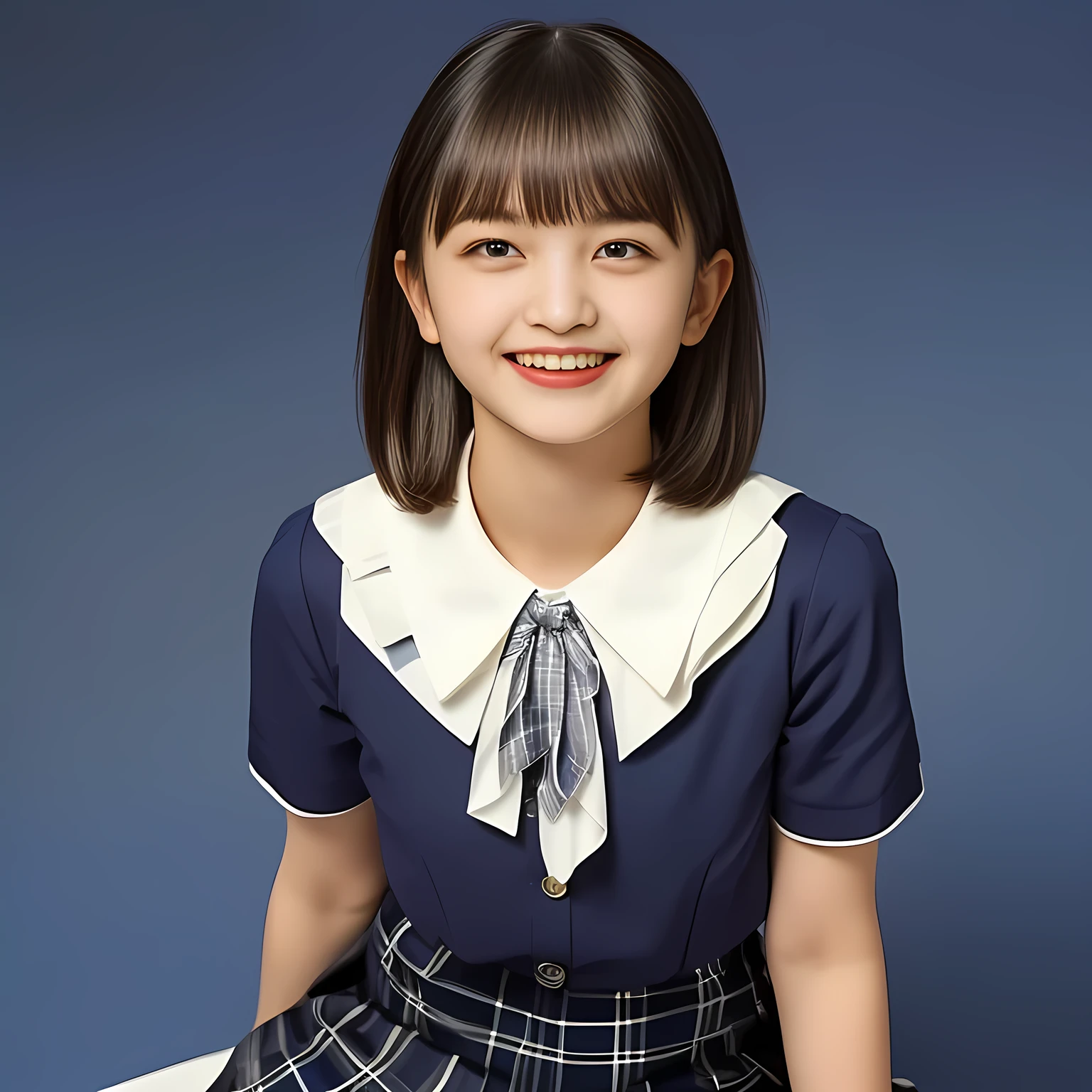 (Highest quality, masterpiece:1.2), Highest quality, High resolution, 1080P, 8k, height: 158cm, (Noble, Japanese **** truly-girly-girl is seated on a blue flat floor and smiling directly at me in school uniform, Looking up at me deeply, Hypnotizing me with her cuteness: 1.8), looking at the viewer, well-grown breast and nice style, (well arranged, balanced, neat glossy straight very long hair), (Half-closed, Looking up to me, Very sleepy, Double-deep-eyelids, completely balanced, brown large large dreaming Japanese **** eyes with detailed beautifully: 1.6), (Glossy lips: 1.8), (high nose: 1.2), (Rich and long bottom-eye-slashes), (Drives me crazy for her navy-colored neat tartan checkered blue skirts and make me fall into her navy-colored plaid-print pleats skirt: 1.4), (Fine white-face that looks like she has never been out of home: 1.6), (Noble frilled white blouse: 1.6), (Navy pleated plaid skirt: 1.5), (Plain-red school ribbon on the breast), (Complete hypnotizing dark-blue background: 1.8), (Girl whom everyone loves because of her beauty and neat school fashion and noble manner and magic-charm of succubus: 1.7), full body shot, (jolly face expression), (evenly cut curled glossy rich beautiful bangs: 1.6), (bright light hitting her white-face and skirt clearly beautifully), (Very very large, dreamy, Adorable eyes, Looking deeply at me: 1.5)