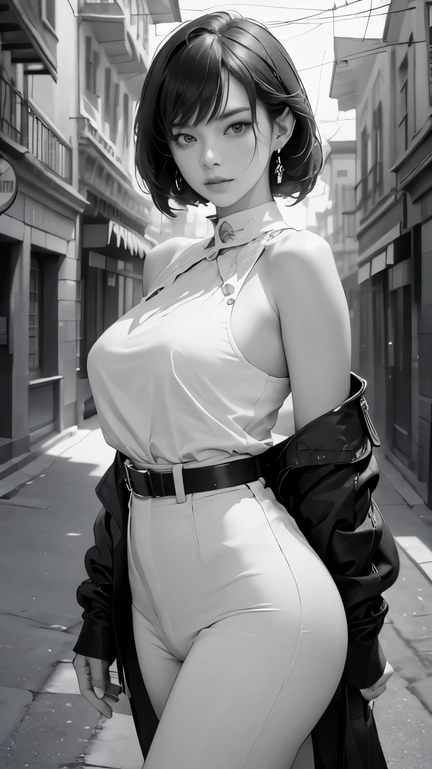 Beautiful sensuality of an adult woman against the backdrop of a western-style townscape, human-like and friendly movements, childish but high-sense fashion, 16k, masterpiece, RAW photo, highest quality, ultra-high resolution, realistic, high definition integrated into 16k, stylish and edgy, detailed depiction, delicate depiction, diverse lighting, contrast, and shadows.