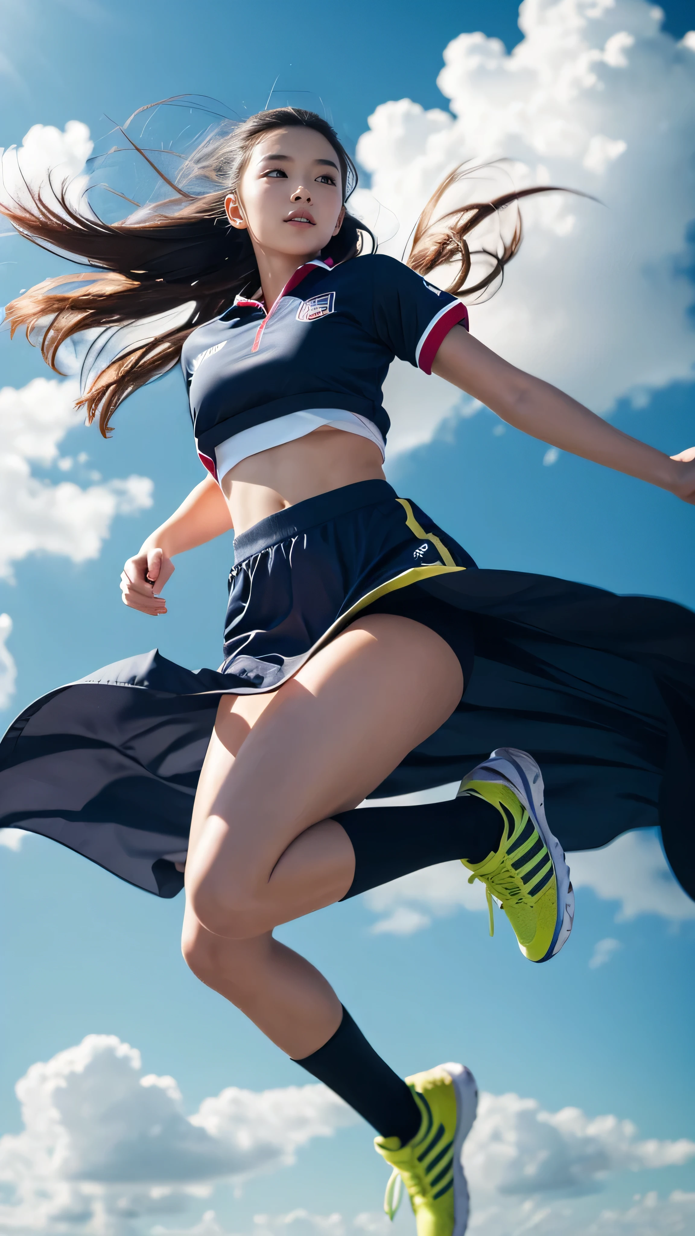 Highest quality、High resolution、Detailed Background、Beautiful Face、High detail、(Perfect Anatomy, Perfect Style)、(Detailed facial expressions)、(fine grain:1.2)、Teenage Beauty、(very wide shot:1.5, full body:1.4), One Girl、, Cute black hair、Braided Bob, Braided, clear, deep blue eyes、Braided Ponytail, Braided bob cut, Basketball game in the gym, jumping:1.5, dunking:1.5, brake, Incredible jumping ability:1.5, Suspended in the air in a shooting position:1.5, Incredible jumping power and long flight times, ((aerial view:1.5, shoot from behind:1.5, looking away)), (Bright red basketball uniform:1.5, White Line、Same color above and below, No sleeve:1.5, Shorts, High-cut basketball shoes)、(armpit:1.2), ((large breasts:1.2, pointy breasts:1.2, high breasts:1.2)), Throw a basketball held above your head into the top of the goal, Dunk Shot、The goal ring is 3m above the ground.