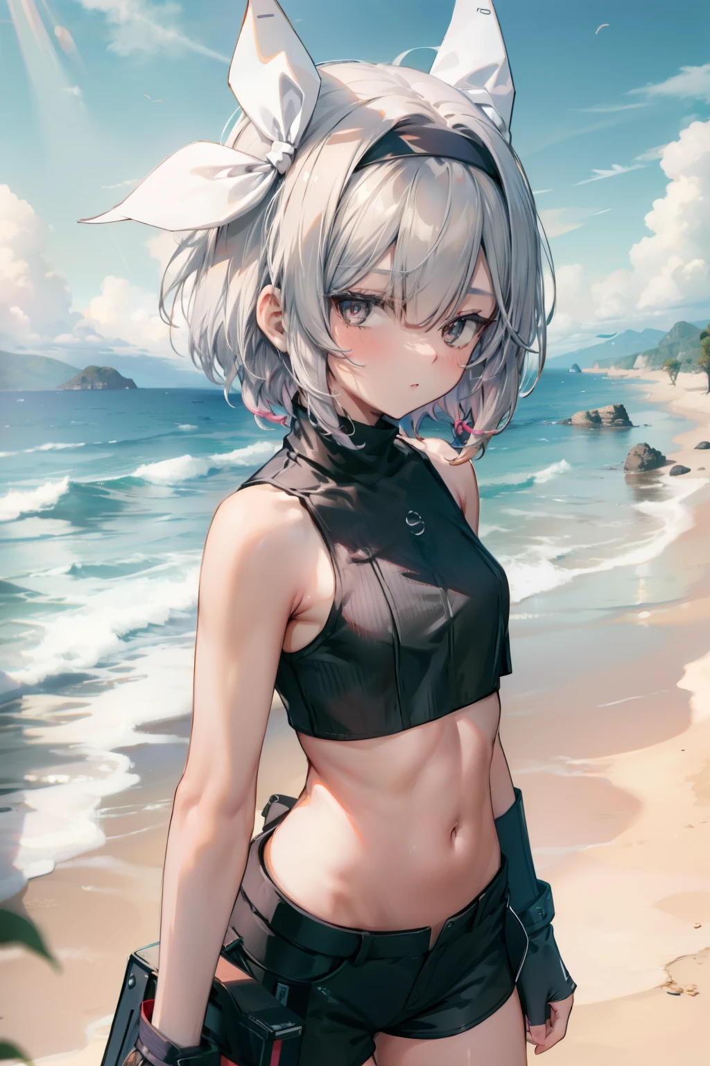 Beautiful, master part, best quality, HiqcgCorpo, anime, 1girl, medium, sbikini, red swimsuit, fotos de retrato, ver visualizador, parcialmente submerso,Austral, ((cabelos prateados)),(orelhas de gato),rabo-de-cavalo,pele molhada, detalhes intrincados,>,(((coberto)