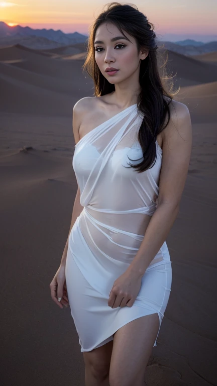 master piece:1.5、highest quality、table top、8ｋ、solo、one woman、perfect beauty、cute、(((white skin:1.2)))、真っwhite skin、cute顔、１８talent、small breasts、Braid、straw fedora hat、Close up portrait of woman in robes standing on desert sand dunes、poncho、Super detailed、Lens flare、sandals、