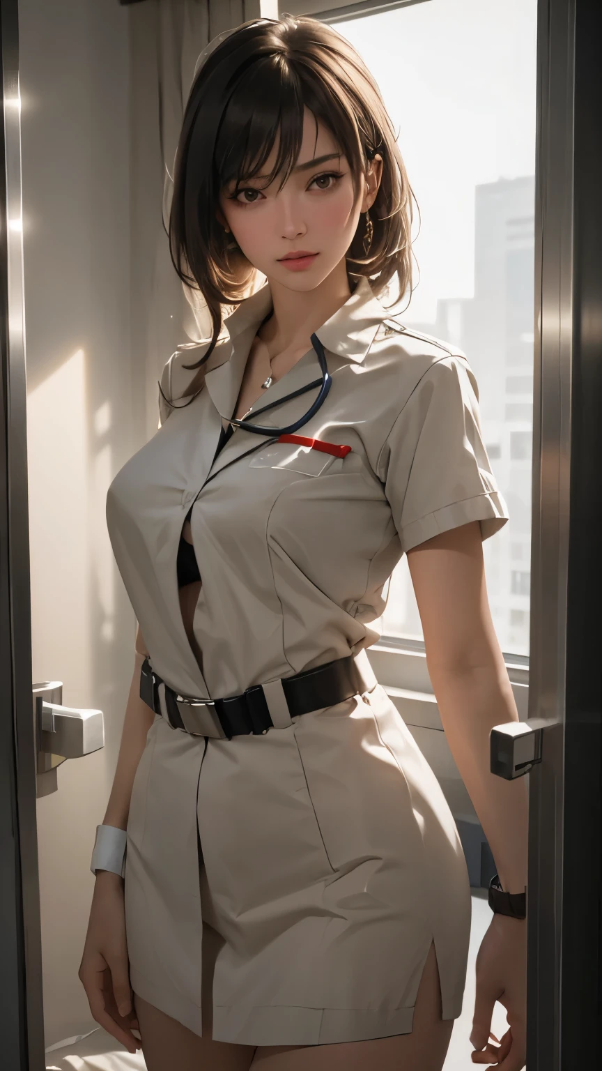 The beautiful sensuality of an adult female doctor against the backdrop of a hospital room, human-like and friendly movements, childish but high-sense fashion, 16k, masterpiece, RAW photo, highest quality, ultra-high resolution, realistic, high definition integrated into 16k, stylish and edgy, detailed depiction, delicate depiction, diverse lighting, contrast