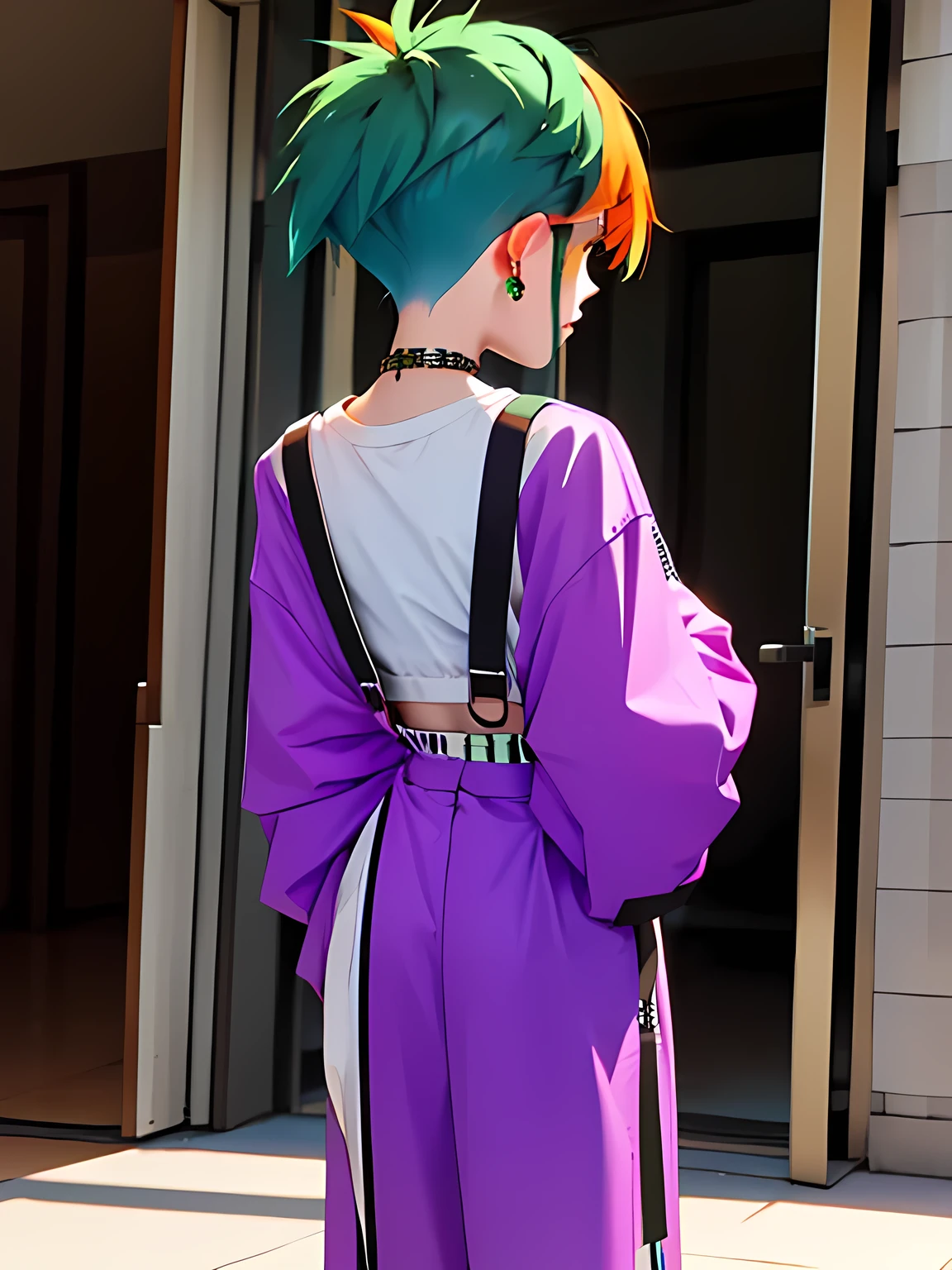 back view, (ori1), Mohawk, Side cut hair, Green Hair, Orange side hair, Punk Fashion, 1 girl, Earrings, White Face, Purple clothes, Undercut, full body