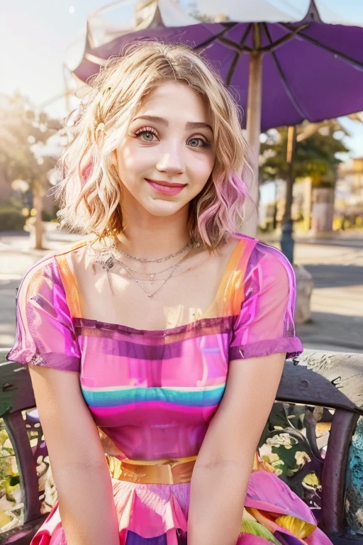 emily rudd, Hyperrealistic, 8K, blonde hair with pink tips, smiling, seductive, sitting on a park bench, looking towards the viewer, tight skirt, off the shoulder blouse, bright and vivid colors, full body