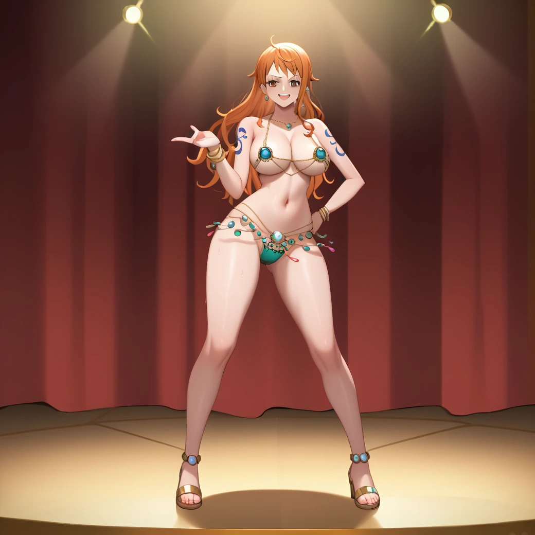 score_9,score_8_up,score_7_up,,1girl, nami, one piece pre-time skip, shiny skin, clothed female, wearing, nami, gyaru, full body, seductive, nami, bitch nami,, desert, Miraj, harem clothes, belly dance, live show, public throwing coins, concert, stage, lighting, purple harem clothes, venus bikini, fortune bikini, jewelry, navel, venus bikini, luxurious
