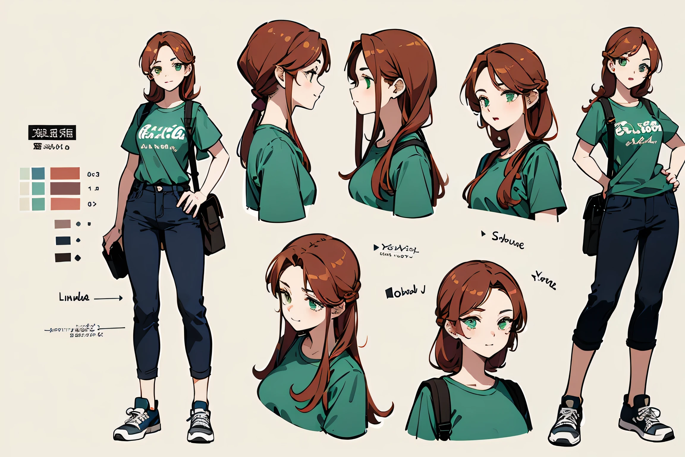 Superior Quality, Detailed face, Character Sheet,(((Young woman:1.5))), ((Longitude Sum:1.2)), Full of details, With, Very detailed, Depth, Young woman, Redhead, Long Hairstyles, Green Eyes, parts, Beautiful smile, T-Shirts、Mr.々Pose and expression, , loose black pants, Dark blue sneakers, Shoulder bags, Linda Pose