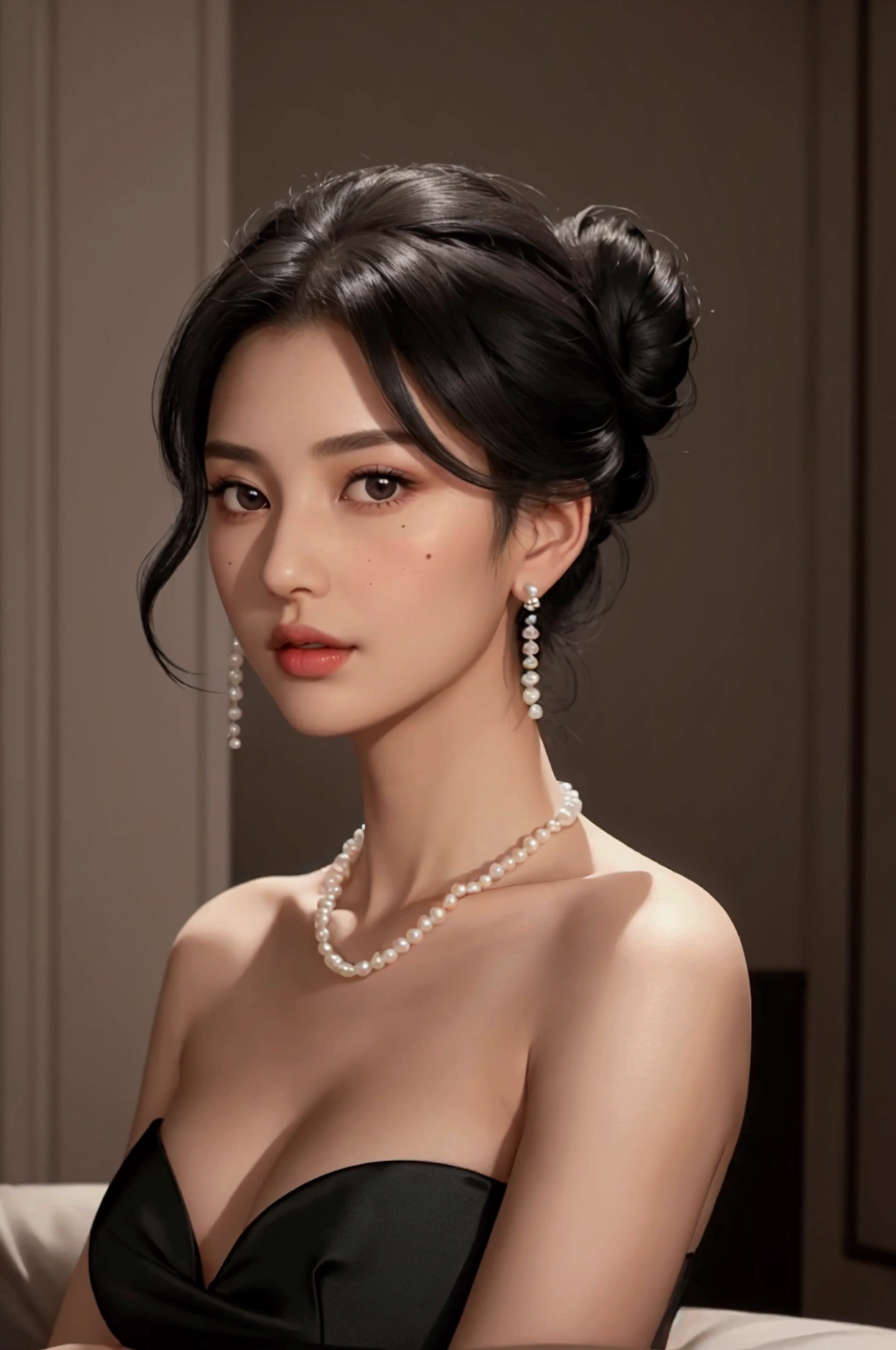 "1girl, solo, long black hair in a single bun, brown eyes, wearing a black dress with pearl necklace and earrings. She has a mole under her eye, realistic lighting, and is indoors. The focus is on her upper body, with delicate jewelry including a ring. Her lips are subtly highlighted, giving her an elegant and refined appearance."