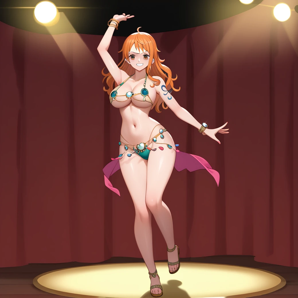 score_9,score_8_up,score_7_up,,1girl, nami, one piece pre-time skip, shiny skin, clothed female, wearing, nami, gyaru, full body, seductive, nami, bitch nami,, desert, Miraj, harem clothes, belly dance, live show, public throwing coins, concert, stage, lighting, purple harem clothes, venus bikini, fortune bikini, jewelry, navel, venus bikini, luxurious
