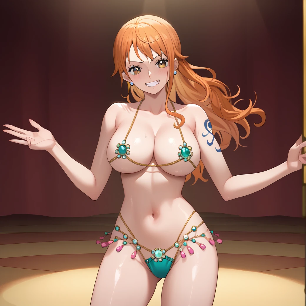 score_9,score_8_up,score_7_up,,1girl, nami, one piece pre-time skip, shiny skin, clothed female, wearing, nami, gyaru, full body, seductive, nami, bitch nami,, desert, Miraj, harem clothes, belly dance, live show, public throwing coins, concert, stage, lighting, purple harem clothes, venus bikini, fortune bikini, jewelry, navel, venus bikini, luxurious
