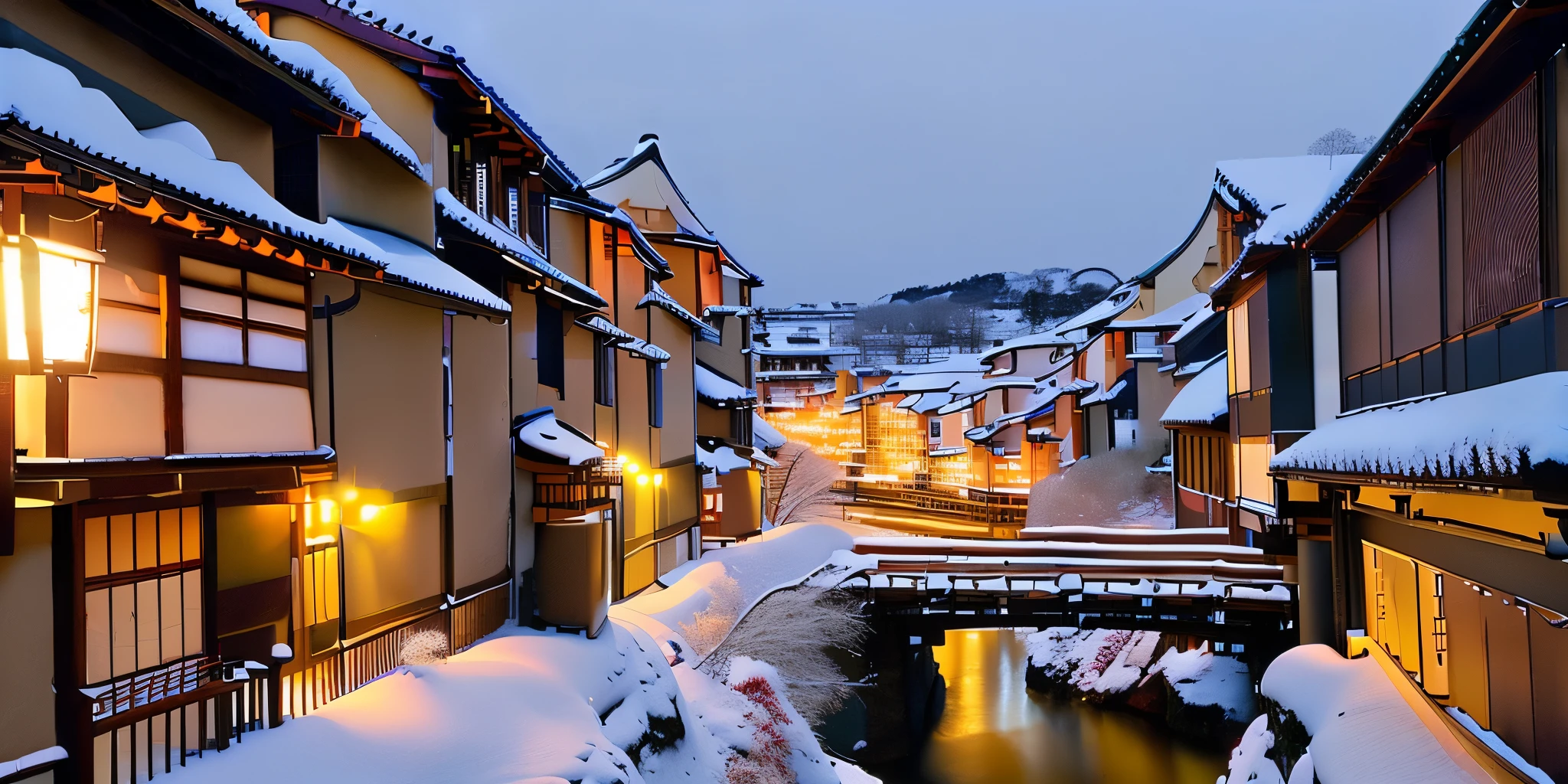 Snowy cityscape with bridge and buildings in the background, high-end hot spring, Japanese Street, Japanese Village, japanese hot spring, Winter Scenery, Japanese countryside, hot spring, Japan Deeper Journey Exploration, Ryokan and Edo period house, Japan Countryside Travel, inspired by Kaii Higashiyama, Japan Travel and Adventure, Japanese cities, Or Japan