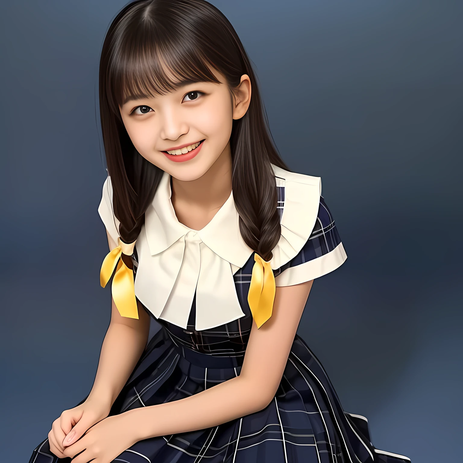 (Highest quality, masterpiece:1.2), Highest quality, High resolution, 1080P, 8k, height: 158cm, Multiple cute girls, (Noble, Japanese 13yo truly-girly-girl is seated on a blue flat floor and smiling directly at me in school uniform, Looking up at me deeply, Hypnotizing me with her cuteness: 1.8), looking at the viewer, well-grown and nice style, (well arranged, balanced, neat glossy straight very long hair), (Half-closed, Looking up to me, Very sleepy, Double-deep-eyelids, completely balanced, brown large large dreaming Japanese 12yo eyes with detailed beautifully: 1.6), (Glossy lips: 1.8), (high nose: 1.2), (Rich and long bottom-eye-slashes), (Drives me crazy for her navy-colored neat tartan plaid blue skirts and make me fall into her navy-colored plaid-print pleats skirt: 1.4), (Fine white-face that looks like she has never been out of home: 1.6), (Noble feminine frilled frilled clean frilled white girly blouse: 1.6), (Navy pleated plaid skirt: 1.5), (Plain-white big ribbon on the ), (Complete hypnotizing dark-blue background: 1.8), (Girl whom everyone loves because of her beauty and neat school fashion and noble manner and magic-charm of succubus: 1.7), full body shot, (jolly face expression), (evenly cut curled glossy rich beautiful bangs: 1.6), (bright light hitting her white-face and skirt clearly beautifully), (Very very large, dreamy, Adorable eyes, Looking deeply at me: 1.5), white-shining skin