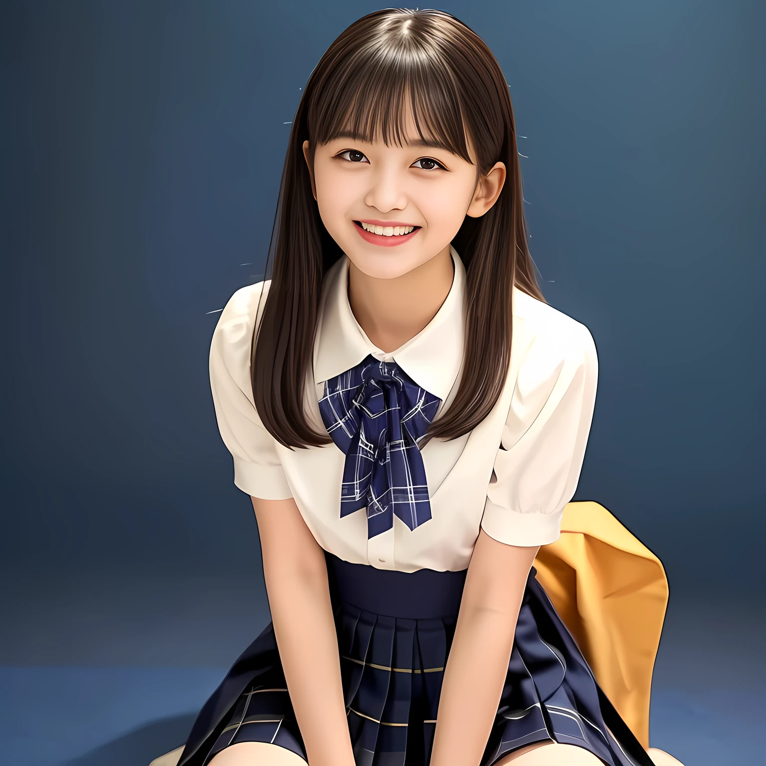 (Highest quality, masterpiece:1.2), Highest quality, High resolution, 1080P, 8k, height: 158cm, Multiple cute girls, (Noble, Japanese yo truly-girly-girl is seated on a blue flat floor and smiling directly at me in school uniform, Looking up at me deeply, Hypnotizing me with her cuteness: 1.8), looking at the viewer, well-grown breast and nice style, (well arranged, balanced, neat glossy straight very long hair), (Half-closed, Looking up to me, Very sleepy, Double-deep-eyelids, completely balanced, brown large large dreaming Japanese 12 eyes with detailed beautifully: 1.6), (Glossy lips: 1.8), (high nose: 1.2), (Rich and long bottom-eye-slashes), (Drives me crazy for her navy-colored neat tartan plaid blue skirts and make me fall into her navy-colored plaid-print pleats skirt: 1.4), (Fine white-face that looks like she has never been out of home: 1.6), (Noble feminine frilled frilled clean frilled white girly blouse: 1.6), (Navy pleated plaid skirt: 1.5), (Plain-white big ribbon on the breast), (Complete hypnotizing dark-blue background: 1.8), (Girl whom everyone loves because of her beauty and neat school fashion and noble manner and magic-charm of succubus: 1.7), full body shot, (jolly face expression), (evenly cut curled glossy rich beautiful bangs: 1.6), (bright light hitting her white-face and skirt clearly beautifully), (Very very large, dreamy, Adorable eyes, Looking deeply at me: 1.5), white-shining skin