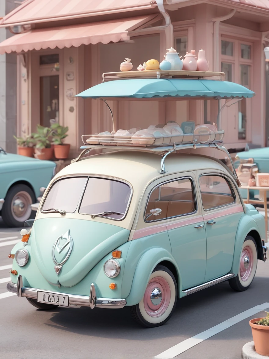 Highest quality、Ultra delicate、Retro cute、Super cute、character、Pastel colors、characterのみ、Cute retro car