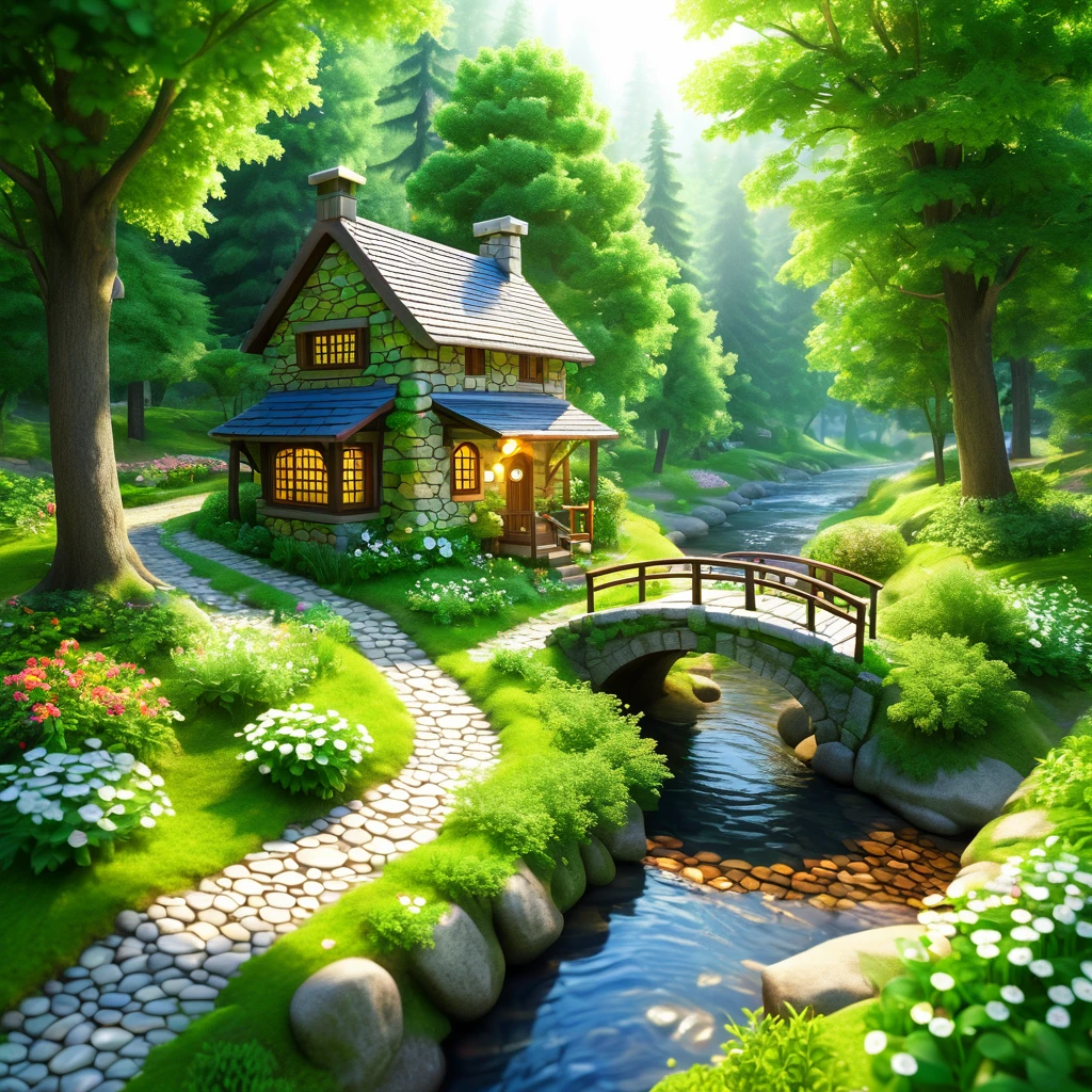 Miniature, Digital Art, Small town in the forest, A small house surrounded by greenery々, sun rays, Small stone path, Petals flowing in a small river, Small Bridge 