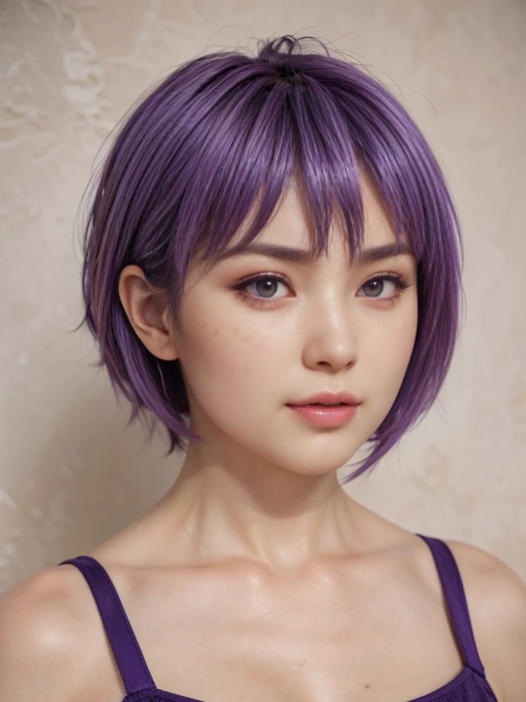 Ayane, purple hair, (best quality, ultra-detailed), (realistic:1.37), beautiful and detailed face, ultra-realistic texture, delicate face, delicate body, red lipstick, bright colors. high definition, 8K, well defined legs