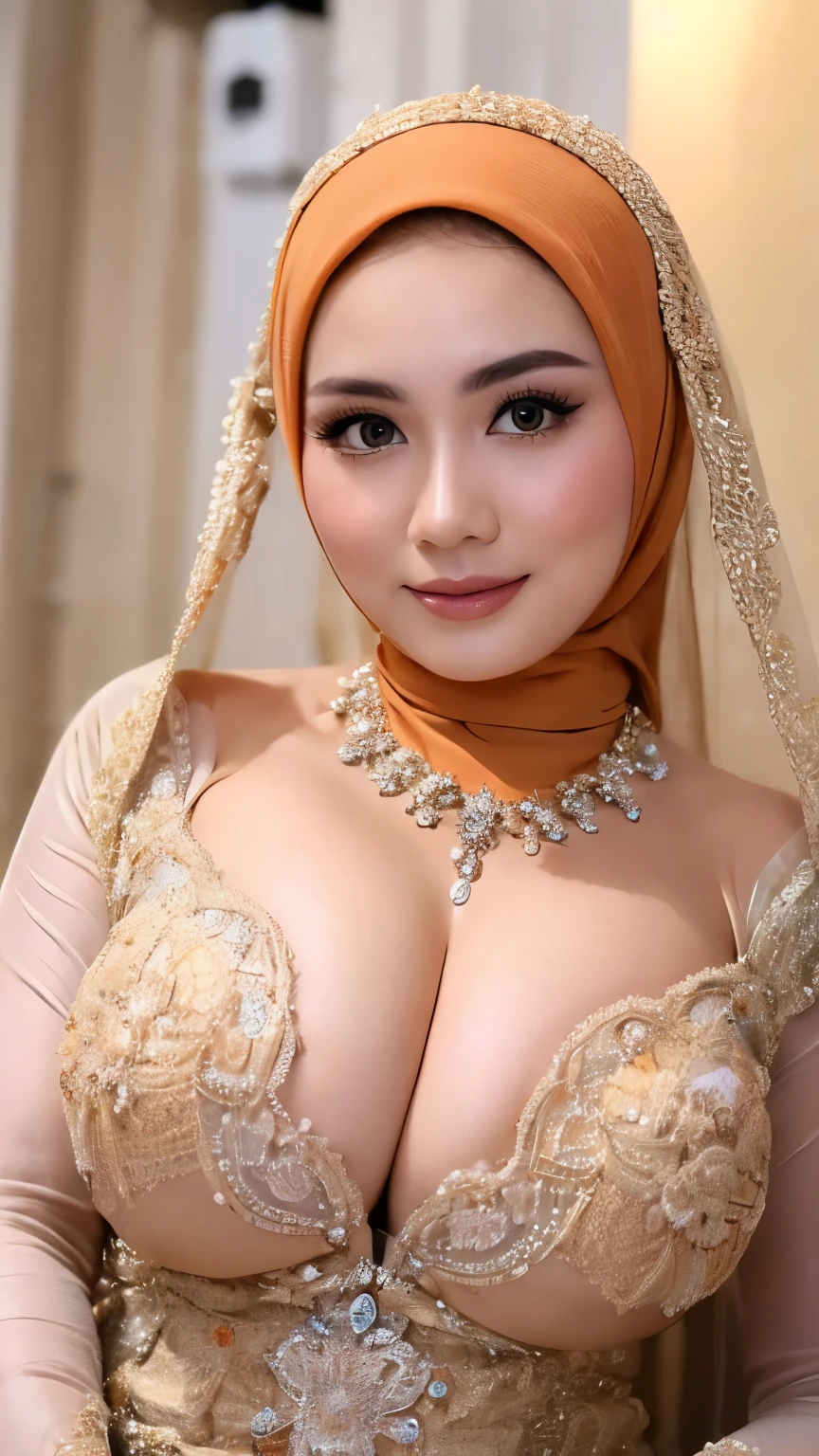 Hyper realistic, Beautiful hijab girl, (wearing orange hijab), nude, naked, (open breast, breast out), luxury necklace, White Skin, Perfect Potrait, Bokeh Effect, Look at camera, ((adorable:1.2)), ((masterpiece:1.1)), ((bokeh:1.2)), (dynamic seducing pose), seductive smile, flirting eyes,Clear focus: 1.2, 1 indonesian hijab girl, georgeus sexy wedding dress, orange hijab, medium breasts, perfect nude bride, (detailed lace material), indoor photo studio background, Super fine face, fine eyes, double eyelids, arm behind, close up side view