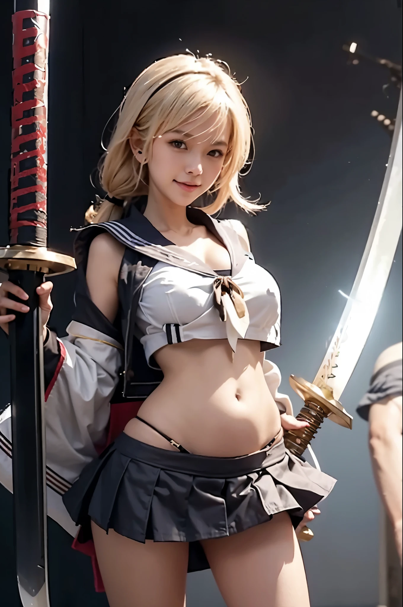 (Japanese sword:1.9),(Kawaii,Smile:1.3),(big breasts,cleavage:1.7),full body shot,
(Micro mini skirt,Low waist skirts,too short skirt,bare Abdomen:1.8),
(Midriff-baring outfit,Belly-baring outfit:1.8),
Real photos, super realistic human,
(High school uniforms,White Sailor Uniforms:1.7),navy blue skirt,
(crop top,No Sleeve, Sleeveless:1.2),Lightning effects,
(pussy exposed:1.1),(no panties:1.5),
