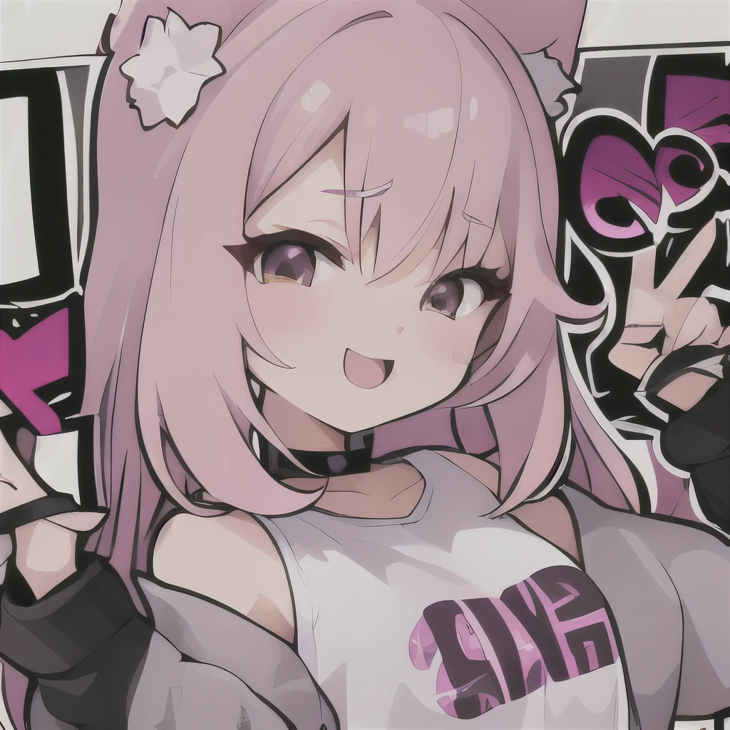 master, chief 1girl, pink hair,cat ears, twitch emote, cartoon, chibi,  white background, sticker, (hype:1.5), happy, holding hype sign, hands up