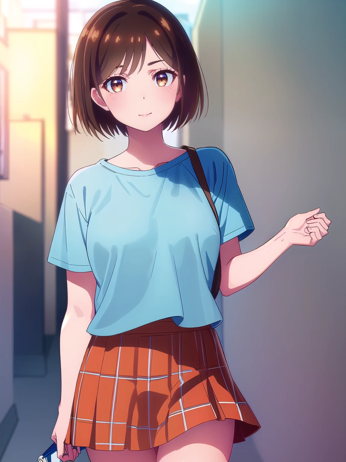 (Light blue T-shirt,Orange mini skirt:1.5,Tartan check mini skirt),mizuharachizuru, Chizuru Ichinose, solo woman,(Long Bob:1.5,Shaggy), bangs, Brown Hair, (Brown eyes:1.5), smile,outdoors,looking at viewer, (Cowboy Shot:1.5),(masterpiece:1.2), Best Quality, High resolution, Unity 8K Wallpaper, (Illustration:0.8), (Beautiful detailed eyes:1.6), Highly detailed face, Perfect lighting, Highly detailed CG, (Perfect hands, Perfect Anatomy),