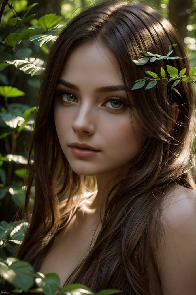 A beautiful young hobbit woman, porcelain skin, long flowing brown hair, large expressive eyes, delicate facial features, pointed ears, taking off an earthy green dress, ((topless)), standing in a lush forest clearing, surrounded by ferns and wildflowers, warm golden light filtering through the trees, (best quality,4k,8k,highres,masterpiece:1.2),ultra-detailed,(realistic,photorealistic,photo-realistic:1.37),fantasy,portrait,cinematic lighting,vibrant colors,intricate details