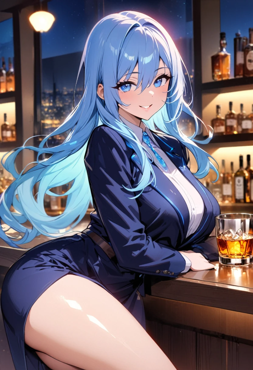 (masterpiece), (best quality), (sharp focus), (depth of field), (female): solo, (perfect face), (detailed outfit), (little girl),(smile), beautiful female,blue eyes, whole body,blue hair, long hair,(((((background of night view))))), (((suit))), wine, whisky, highball, (((((beige blouse))))),(shiny luminous, effects:1.2)